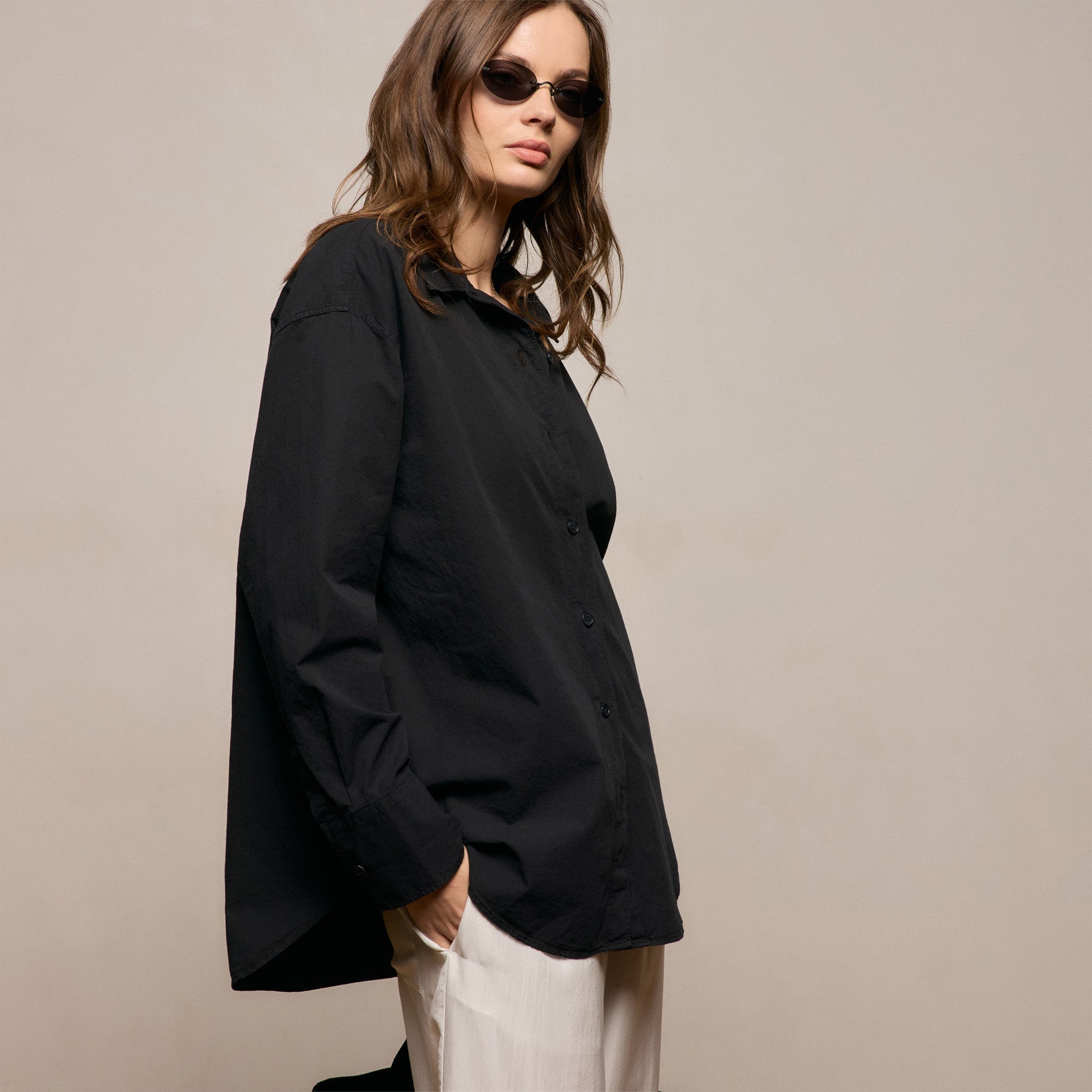Textured Cotton Oversized Shirt - Black