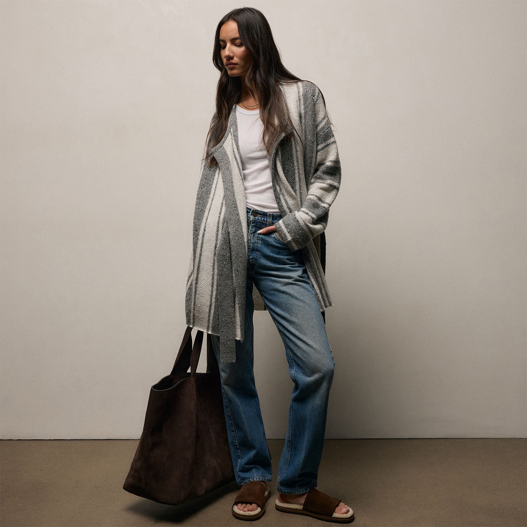 Baja Stripe Cashmere Cardigan - Heather Grey/Pearl