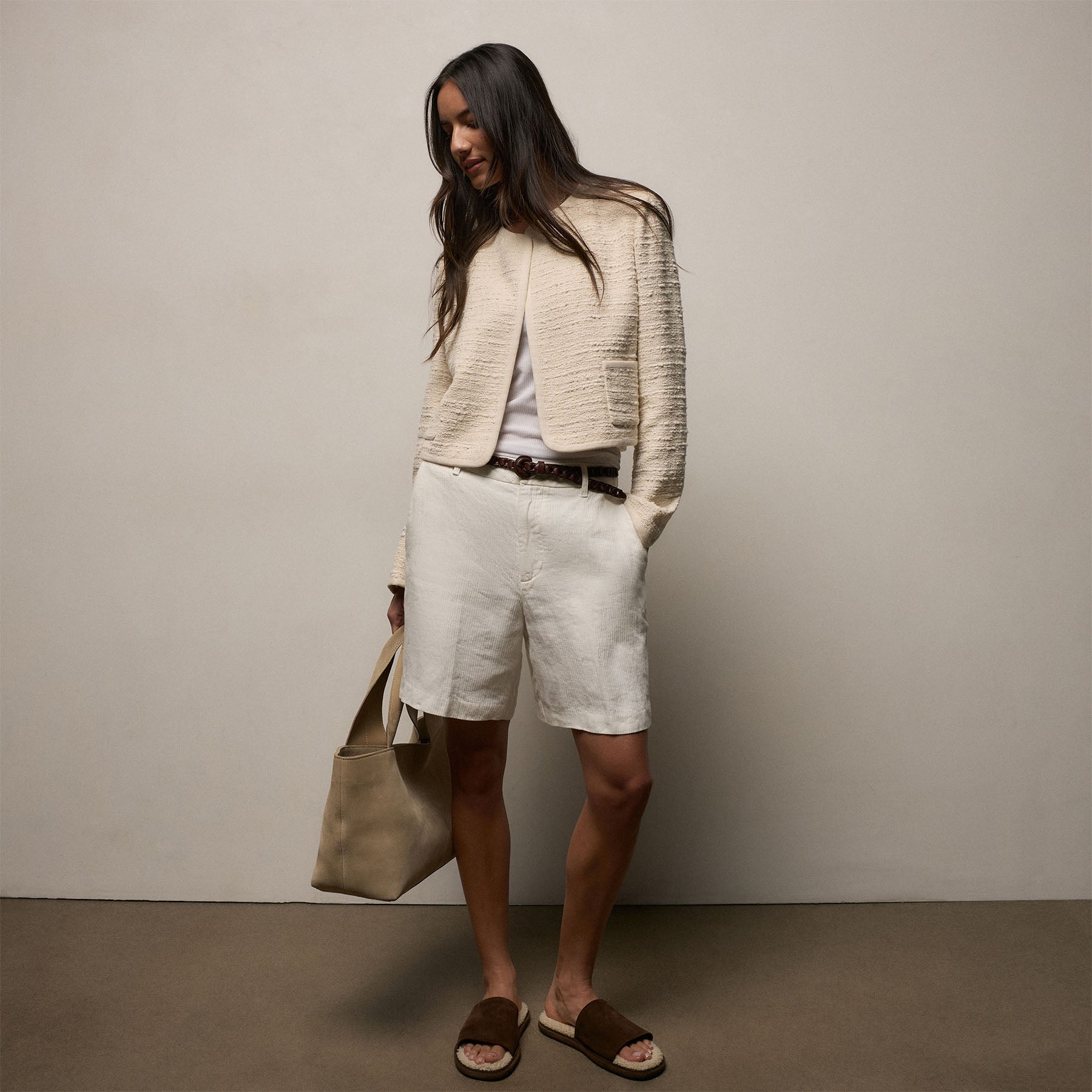 Cropped Boucle Open Jacket - Natural