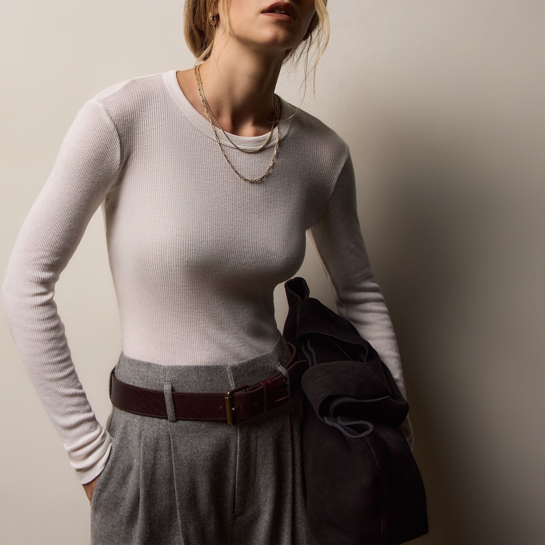 Cotton Gauze Ribbed Long Sleeve Crew - Everest White