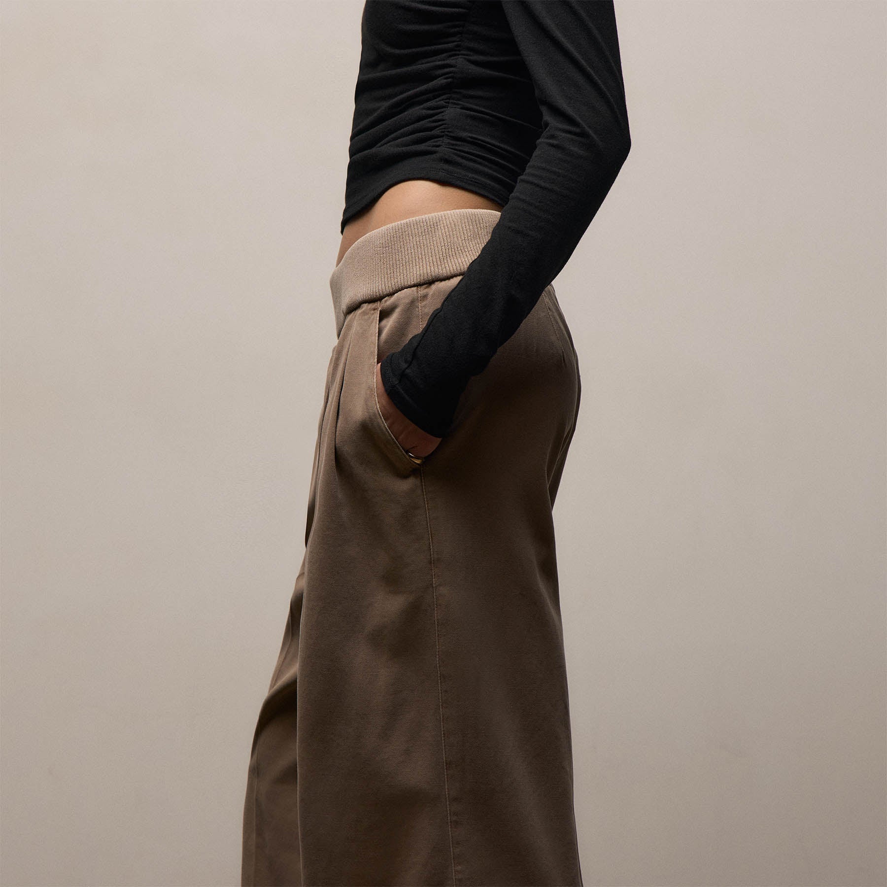 Ribbed Waist Wide Leg Pant - Coffee Pigment