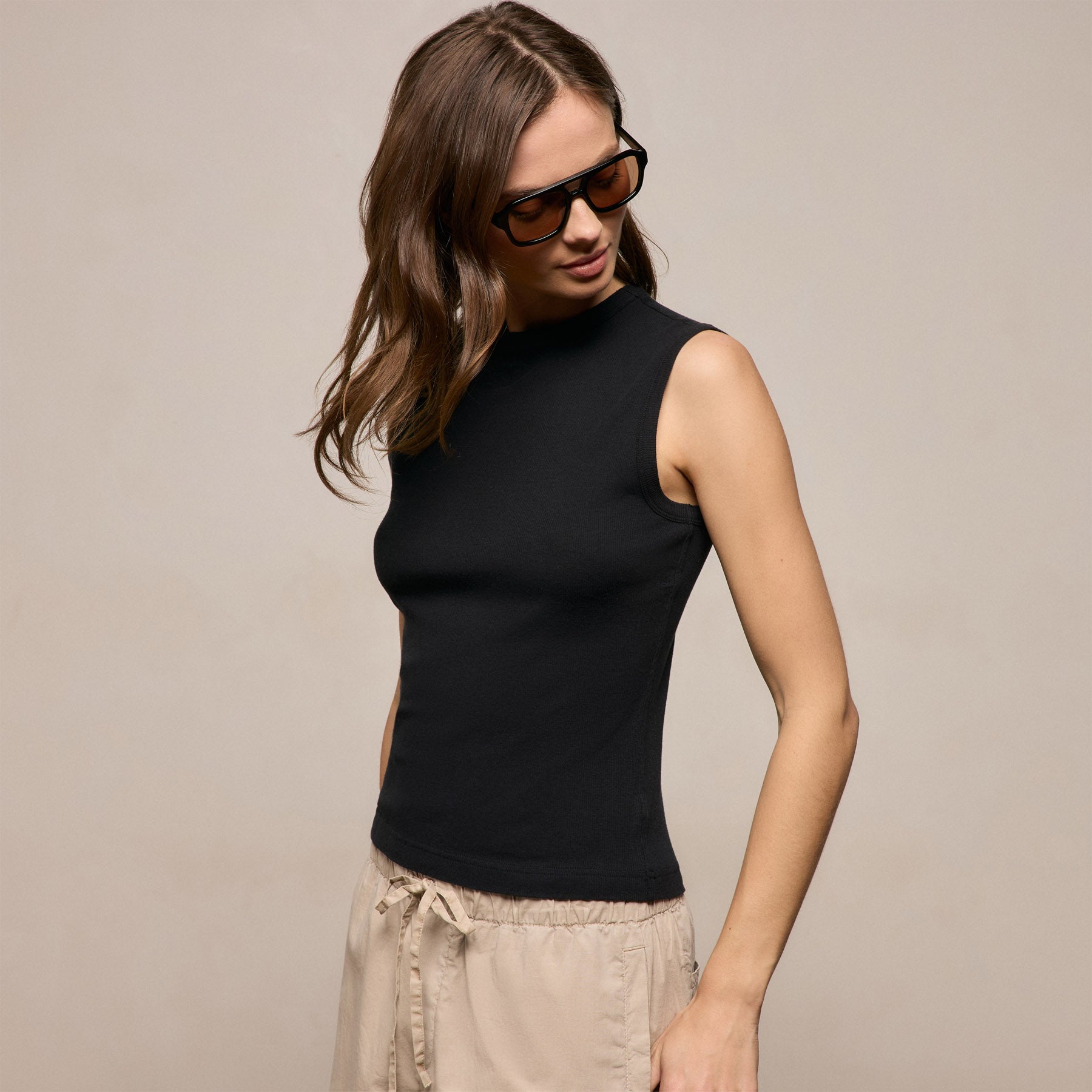 Cotton Cashmere Rib Tank - Black
