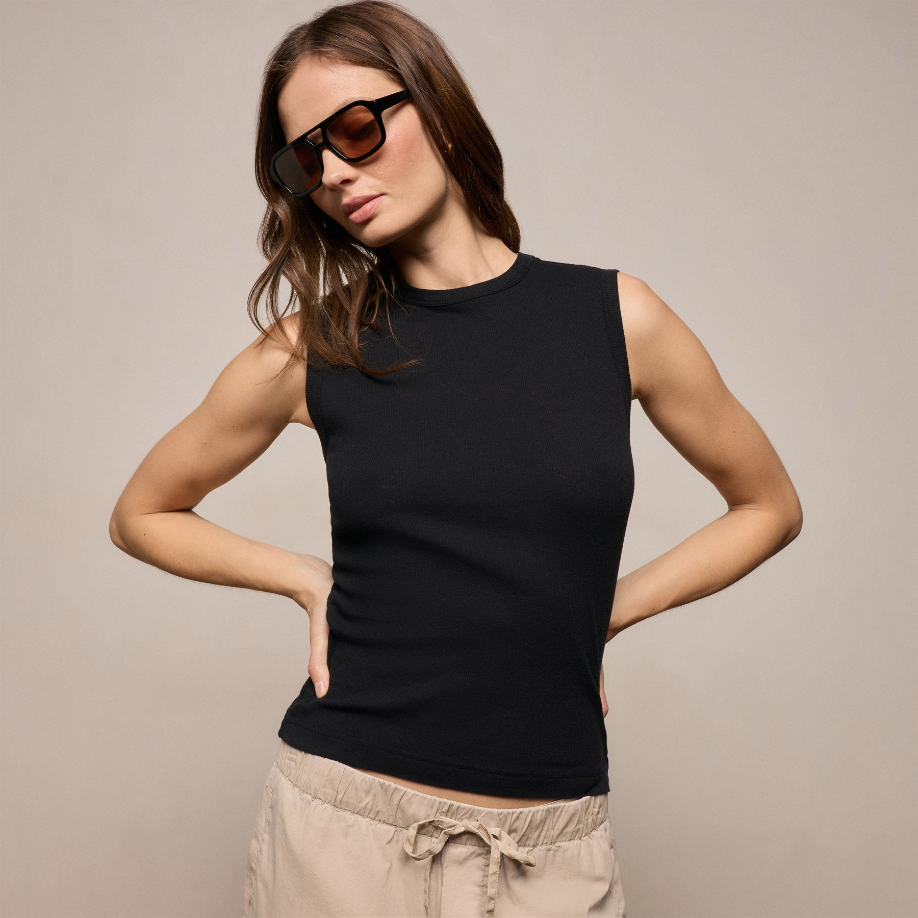 Cotton Cashmere Rib Tank - Black