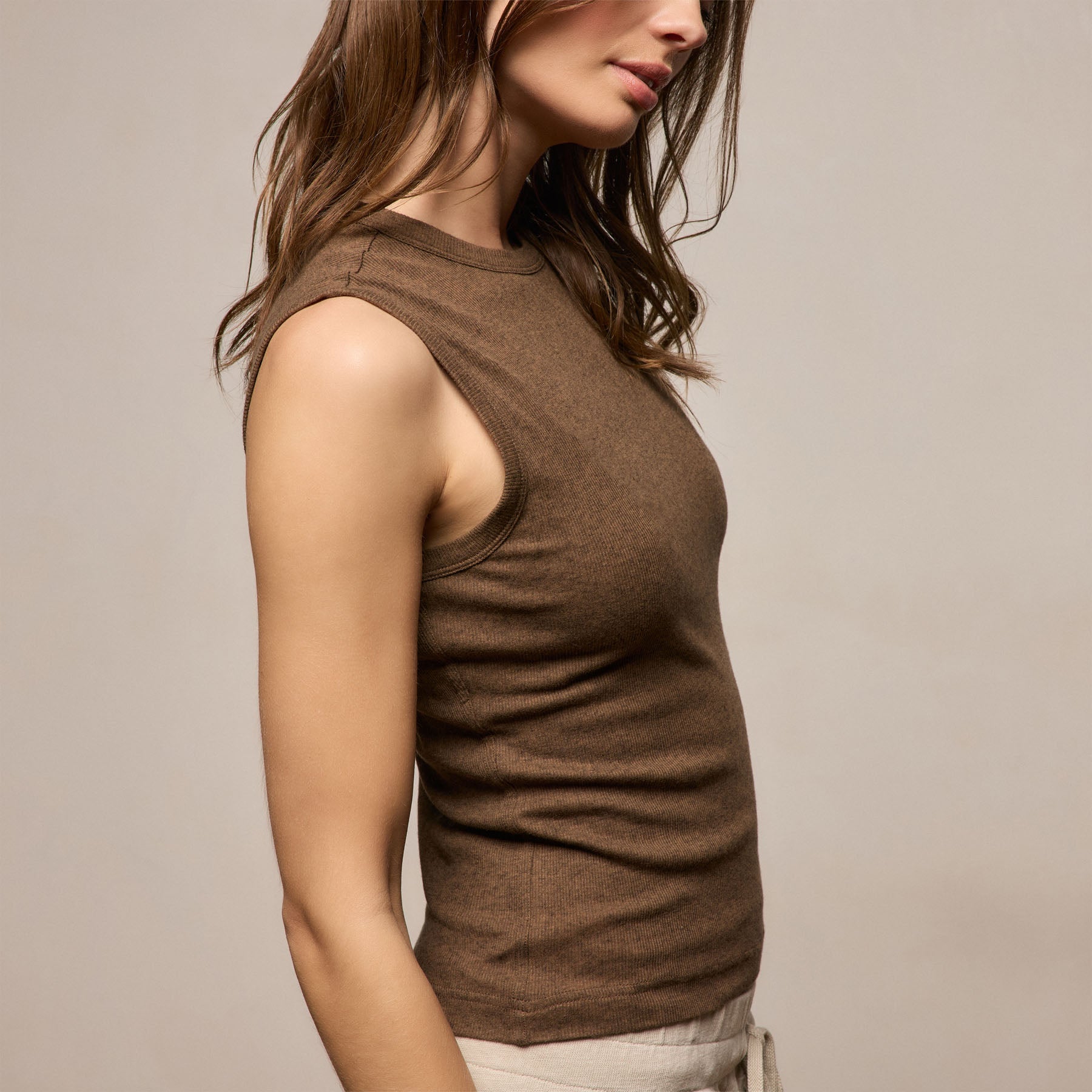 Cotton Cashmere Rib Tank - Brown