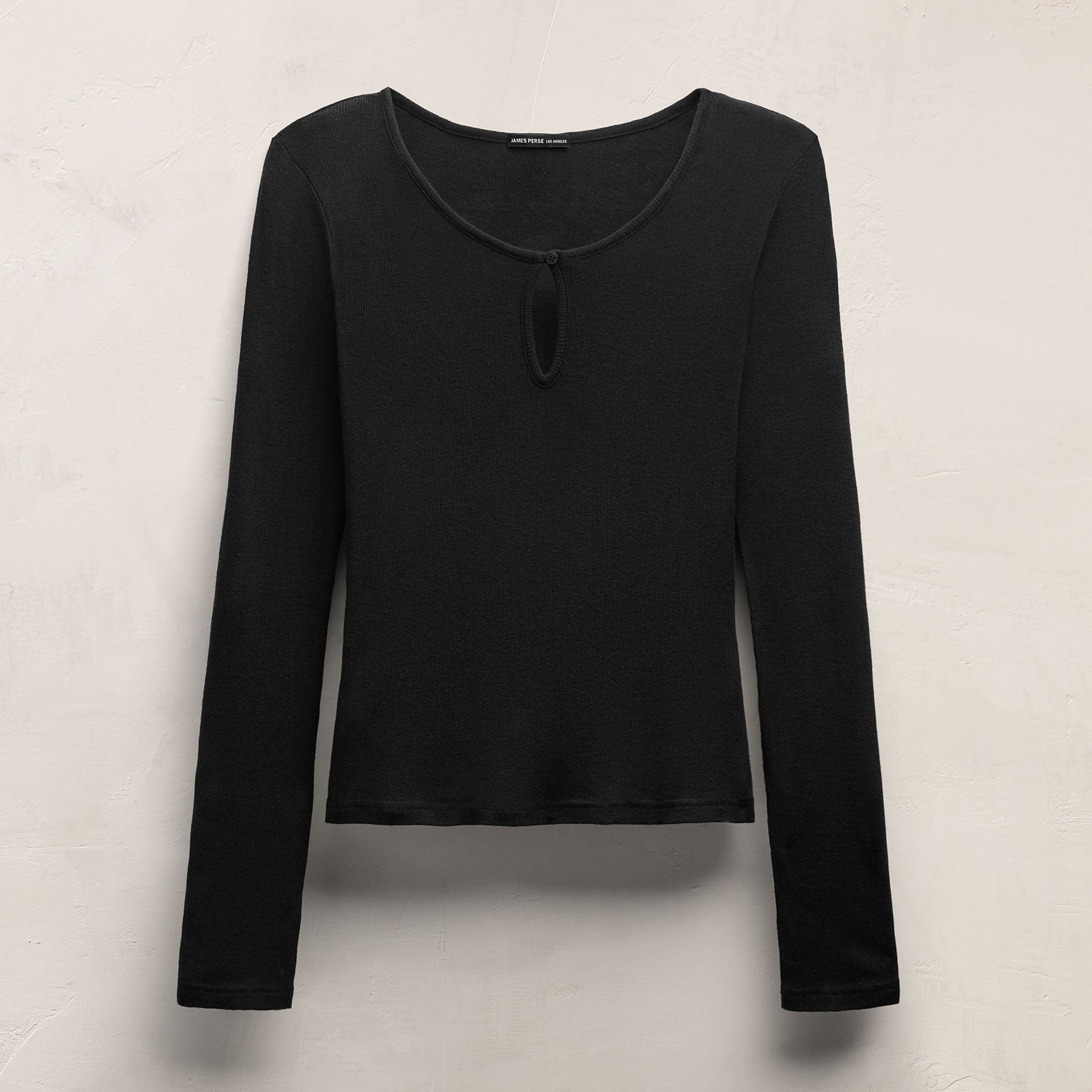 Cotton Cashmere Rib Keyhole Top - Black