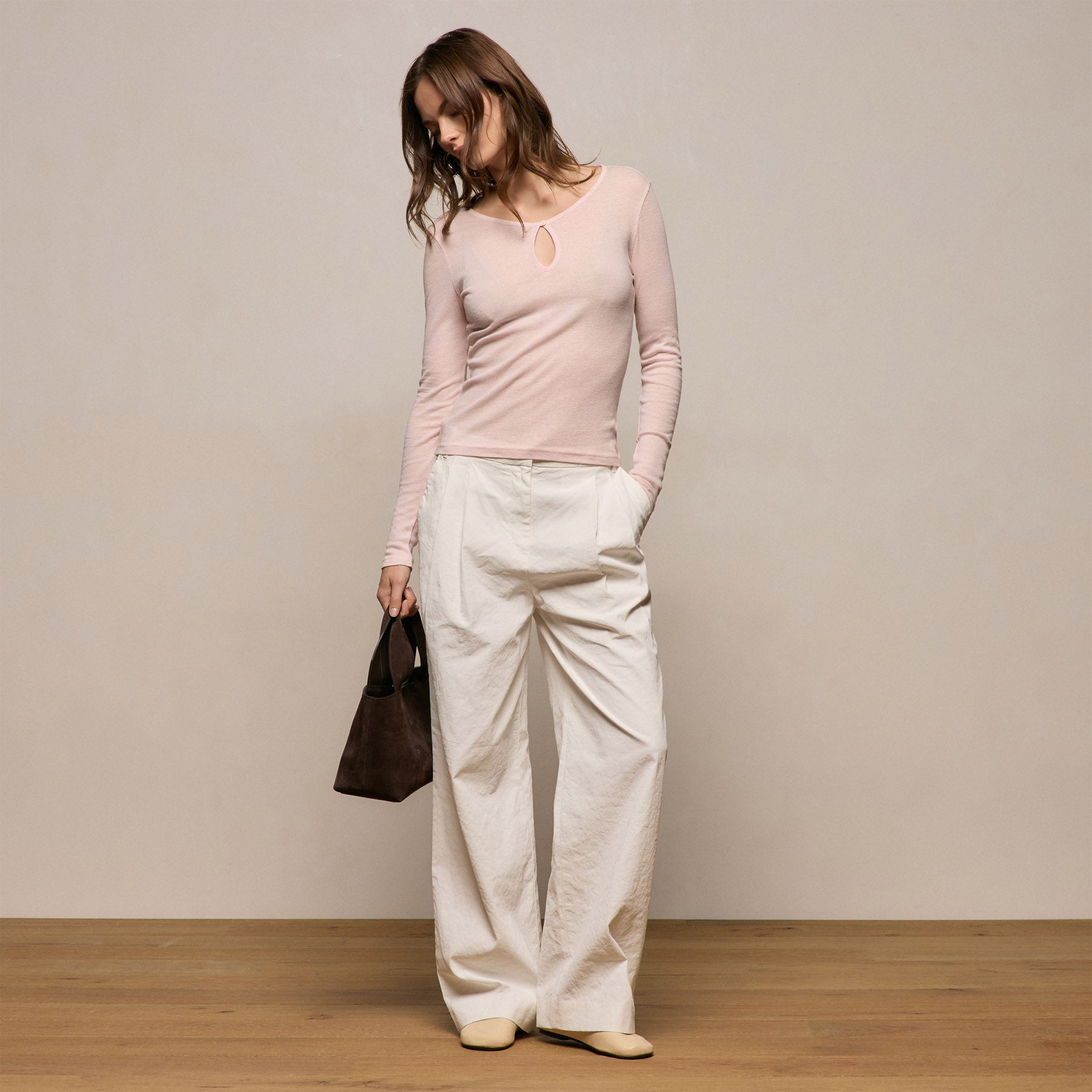 Cotton Cashmere Rib Keyhole Top - Rose Quartz