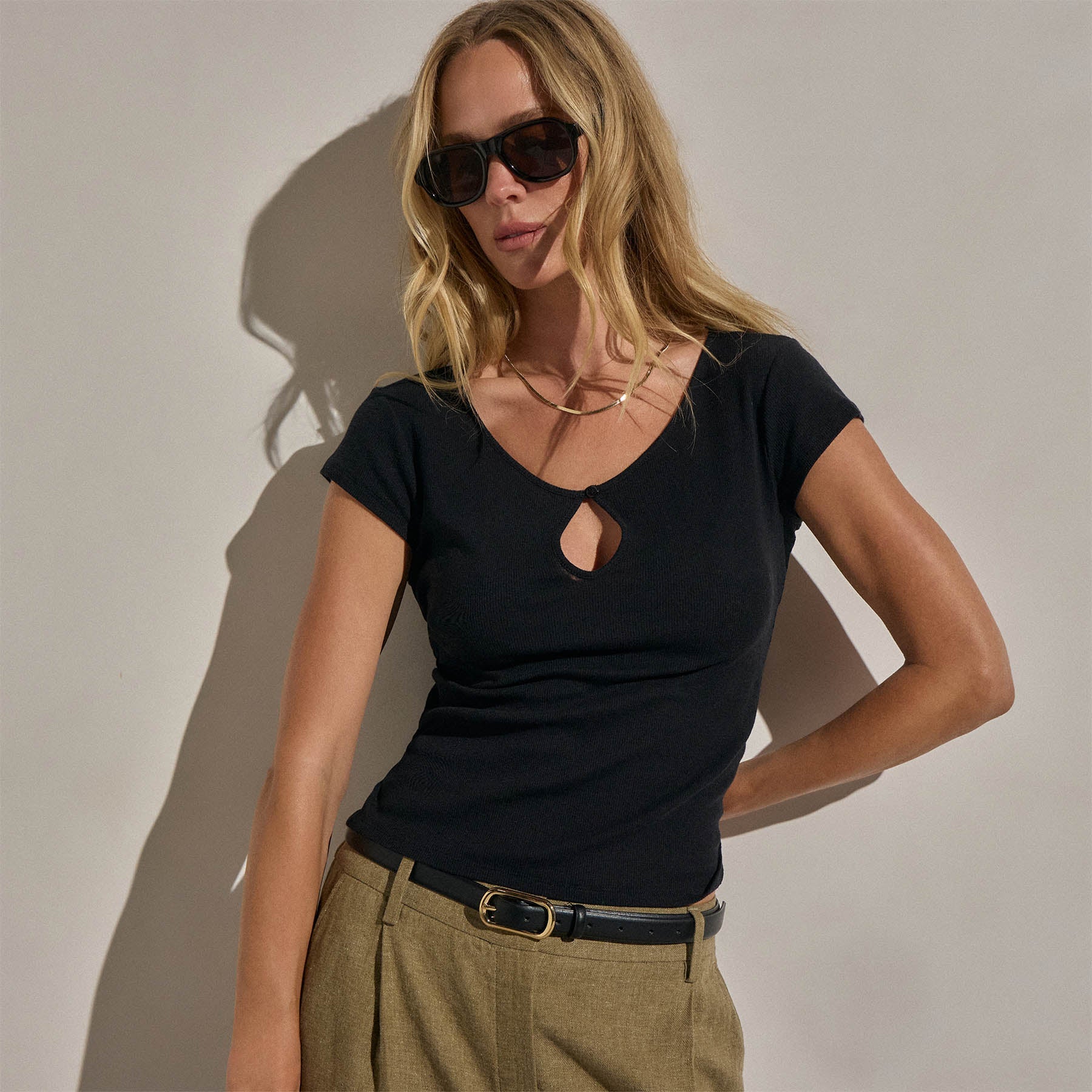 Cotton Cashmere Keyhole Tee - Black