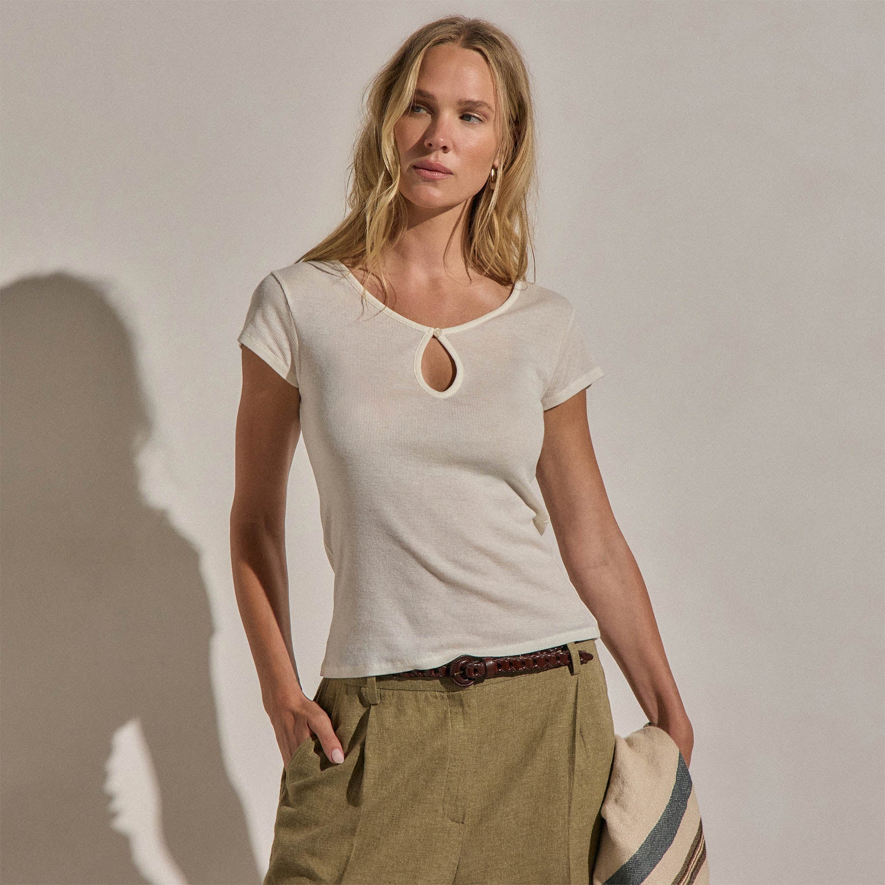 Cotton Cashmere Keyhole Tee - White