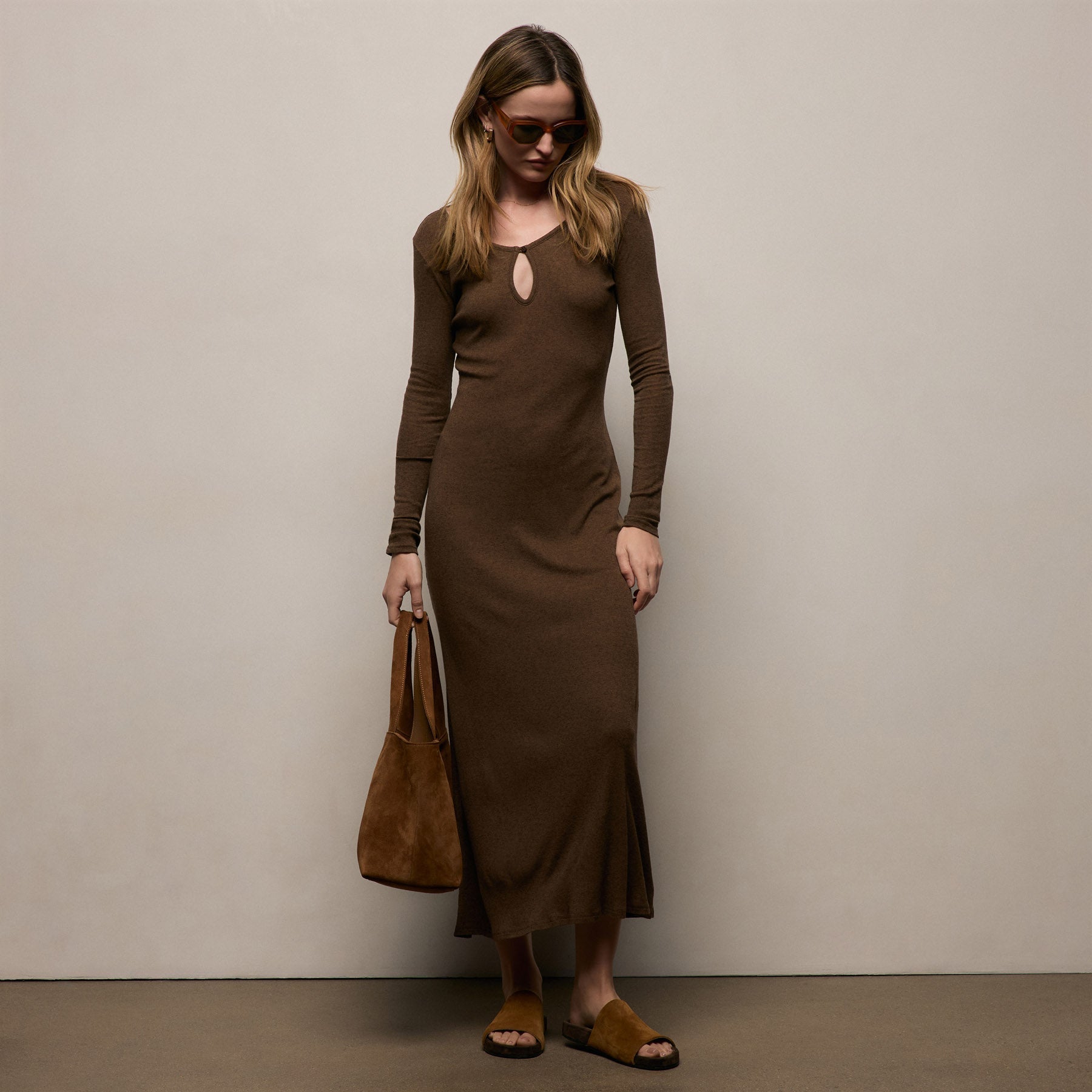 Cotton Cashmere Rib Keyhole Dress - Brown