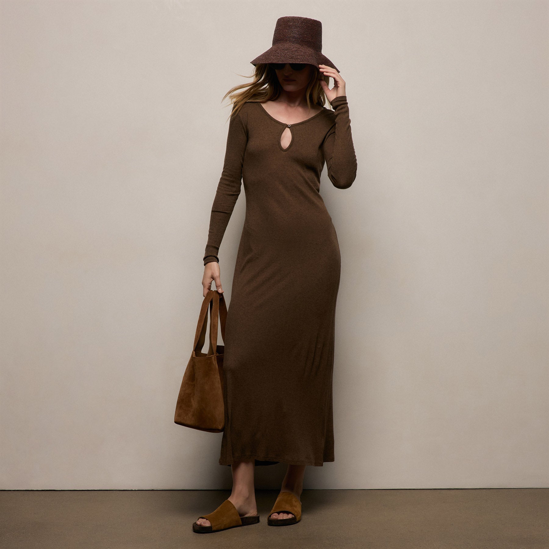 Cotton Cashmere Rib Keyhole Dress - Brown