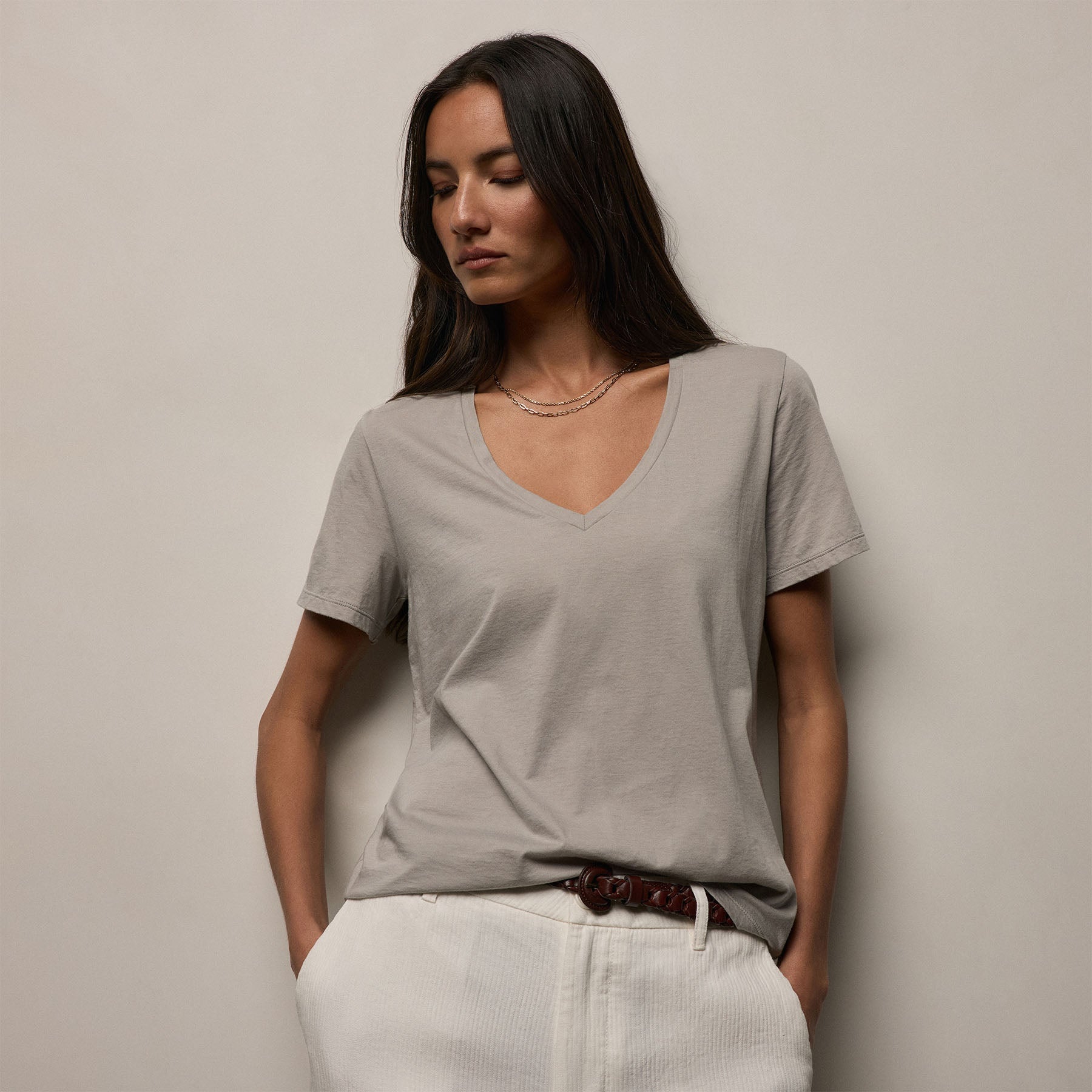 Luxe Lotus Jersey V Neck - Fog