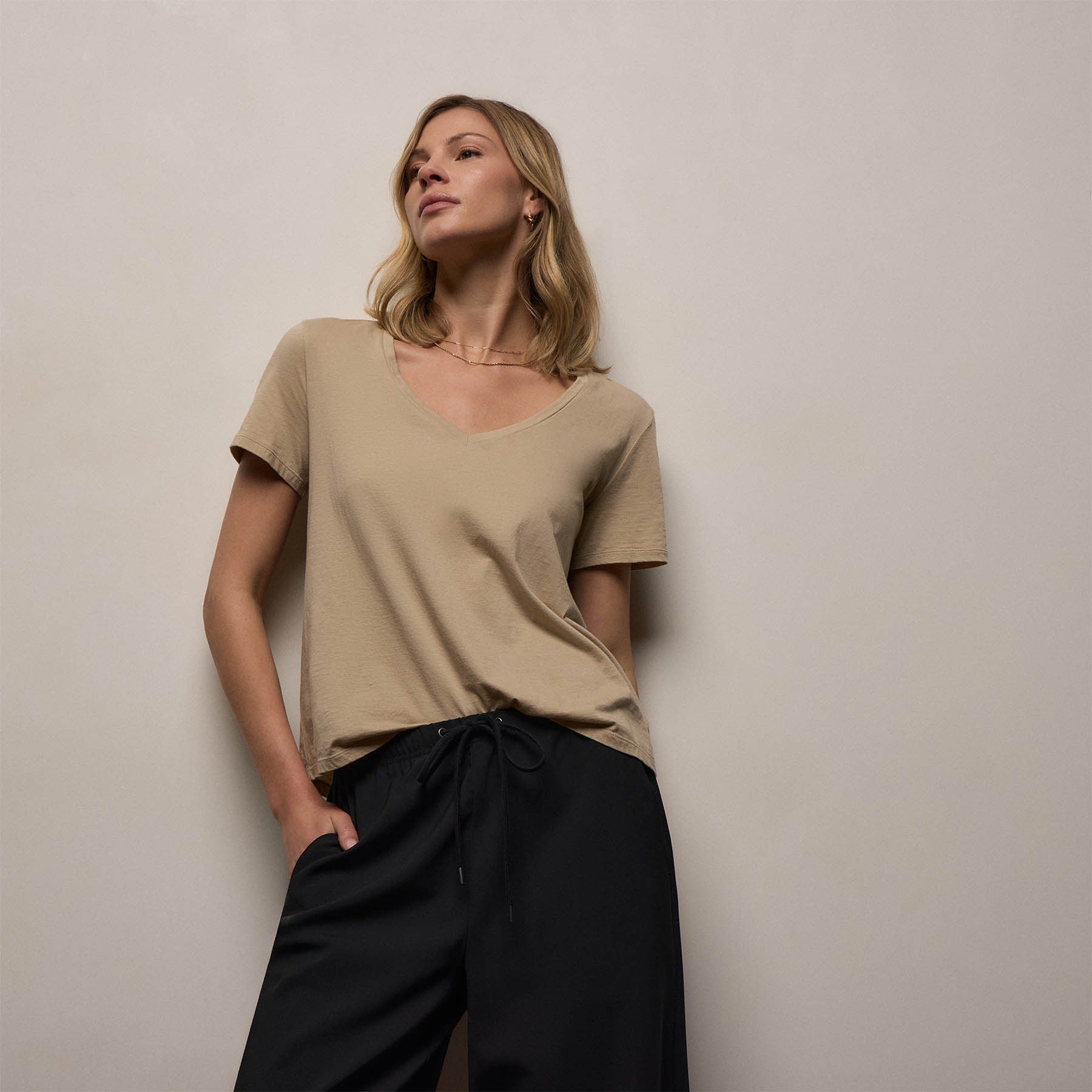 Luxe Lotus Jersey V Neck - Light Khaki