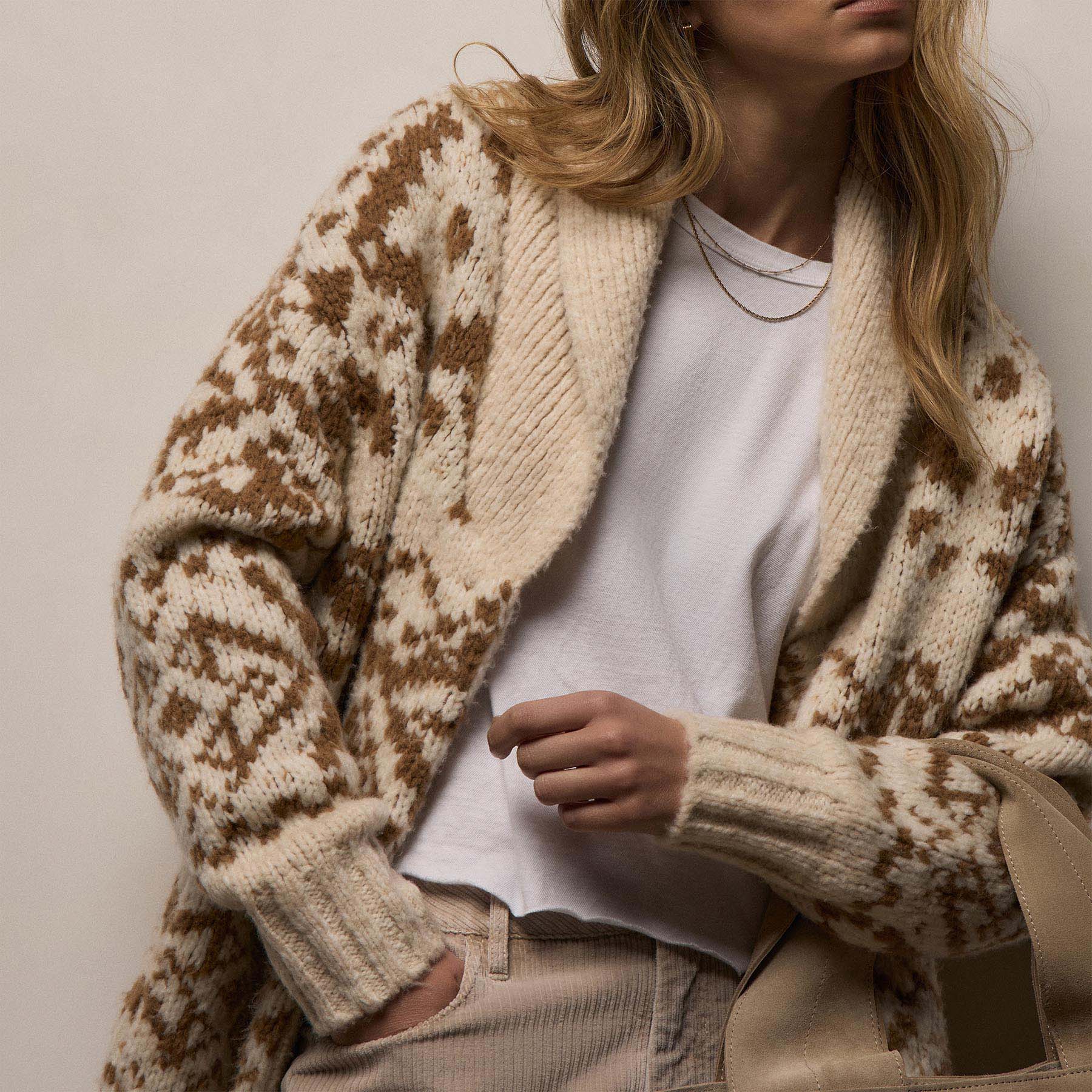 Chalet Intarsia Cardigan - Ivory/Whiskey