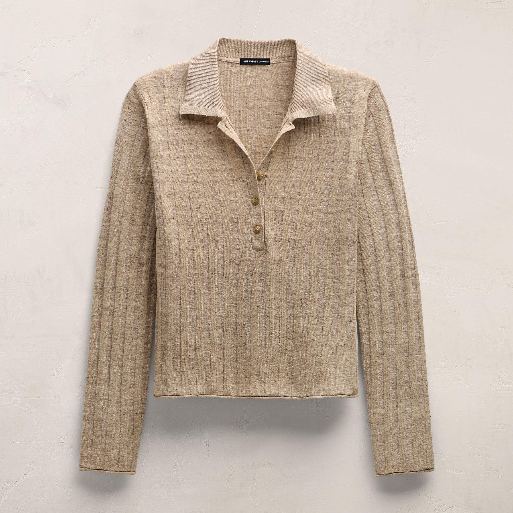 Linen Cotton Ribbed Polo Sweater - Natural Melange