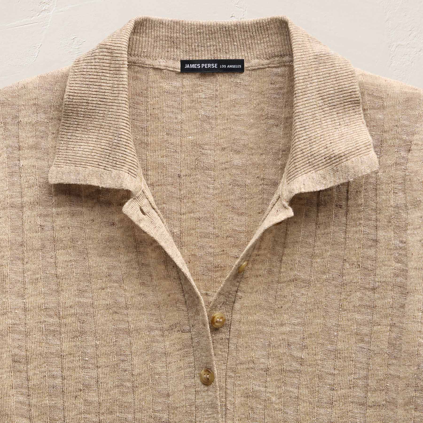Linen Cotton Ribbed Polo Sweater - Natural Melange