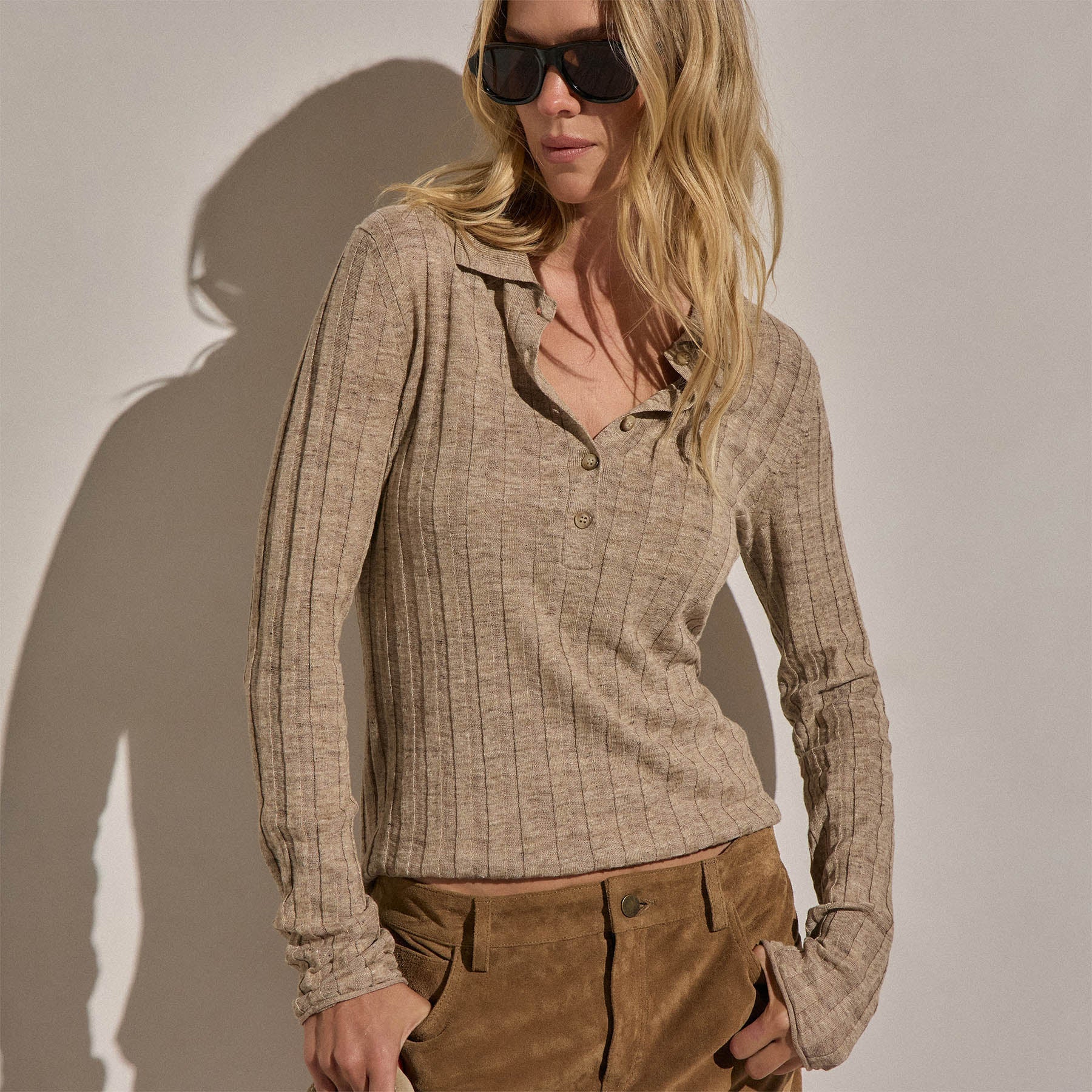Linen Cotton Ribbed Polo Sweater - Natural Melange