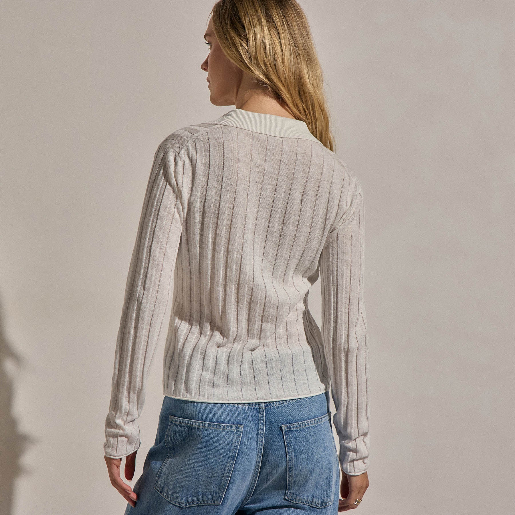Linen Cotton Ribbed Polo Sweater - White