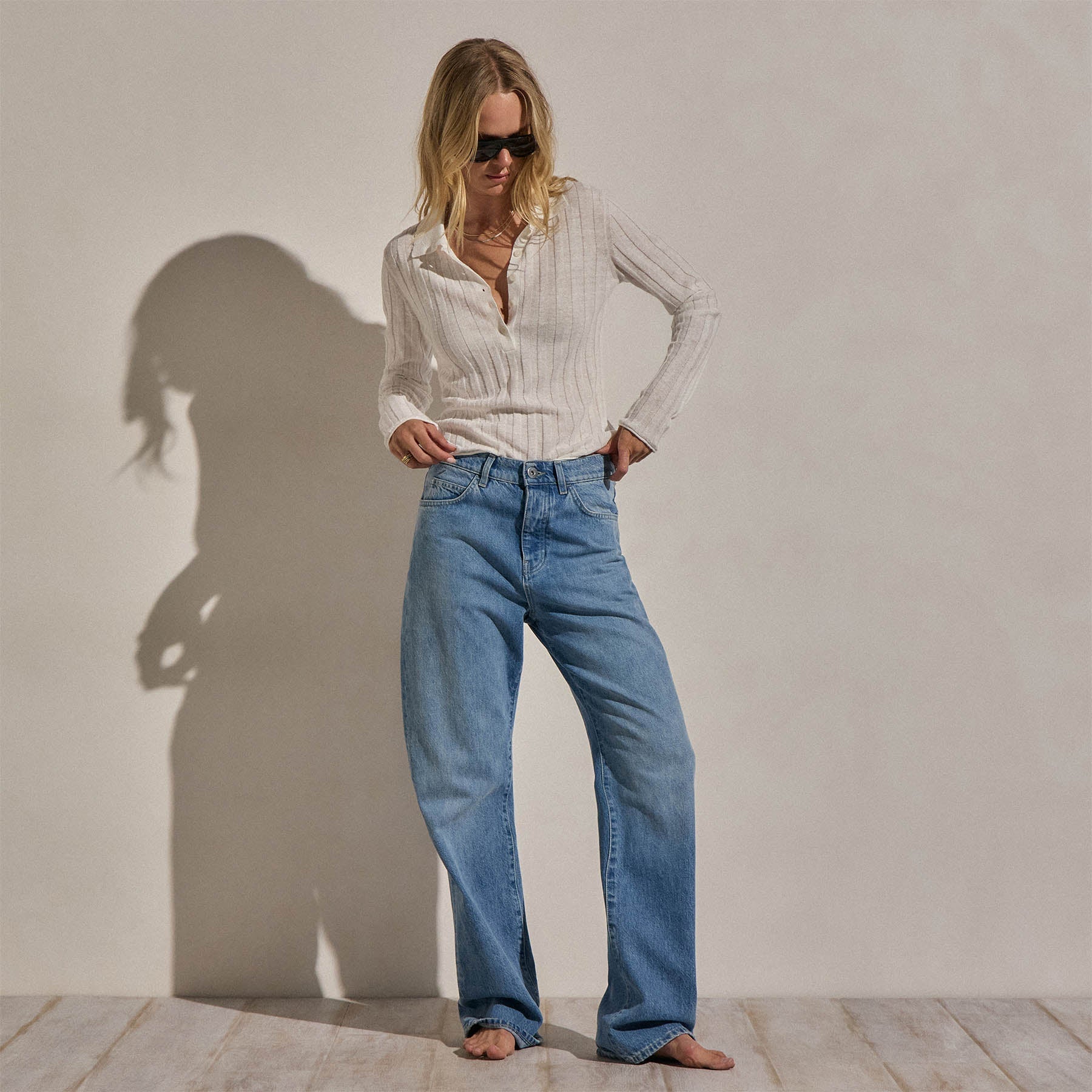 Linen Cotton Ribbed Polo Sweater - White