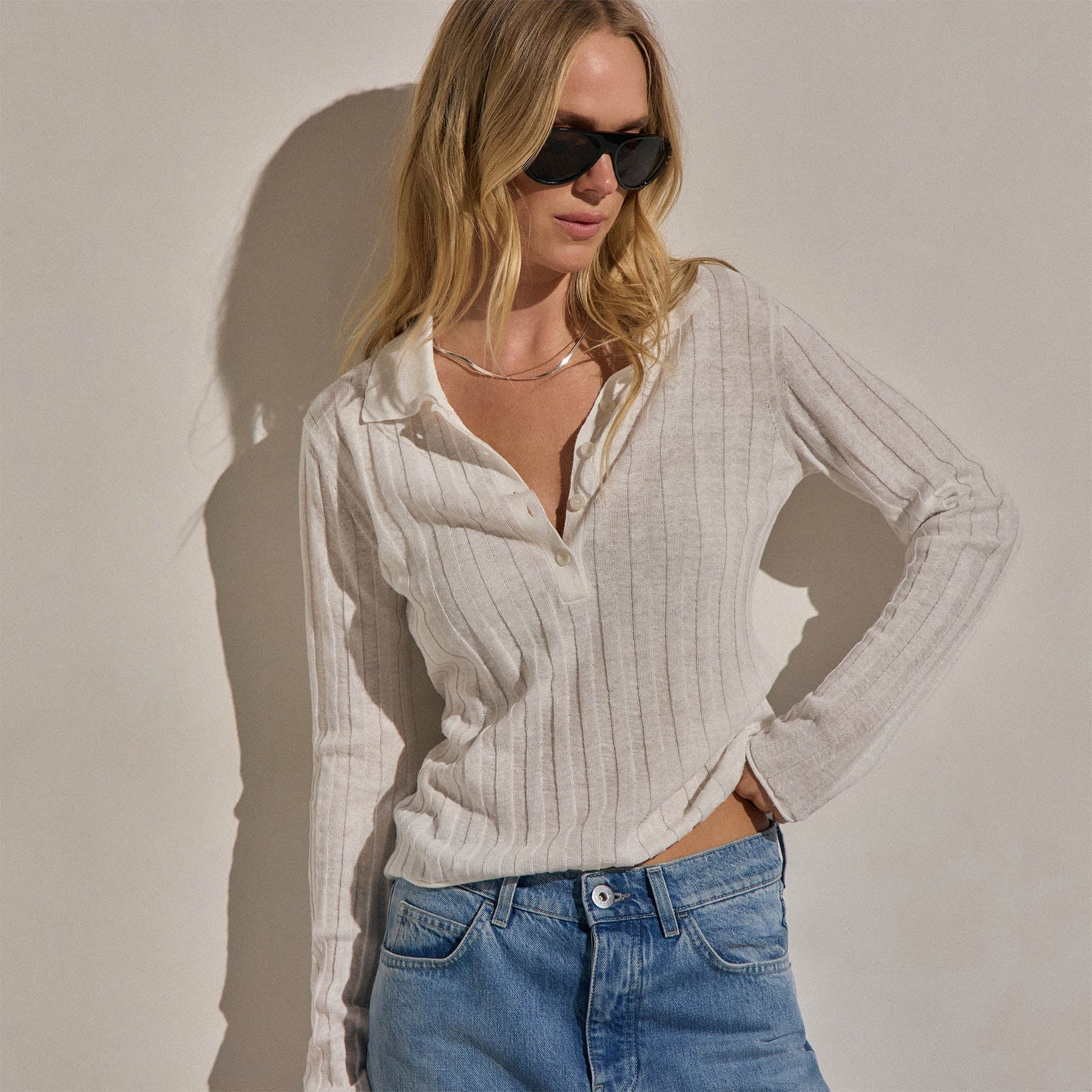Linen Cotton Ribbed Polo Sweater - White