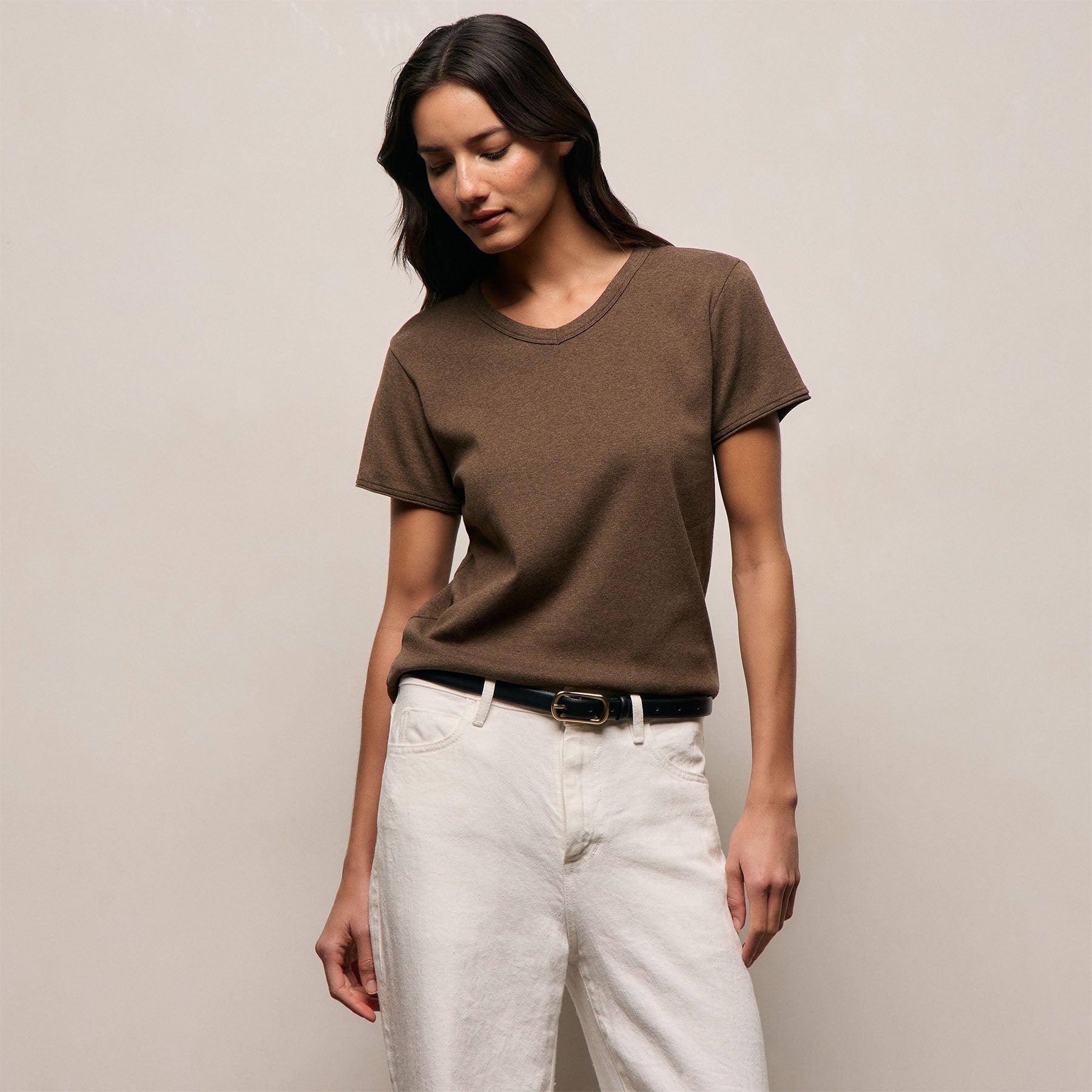 Compact Cotton Baby V Tee - Brown Melange