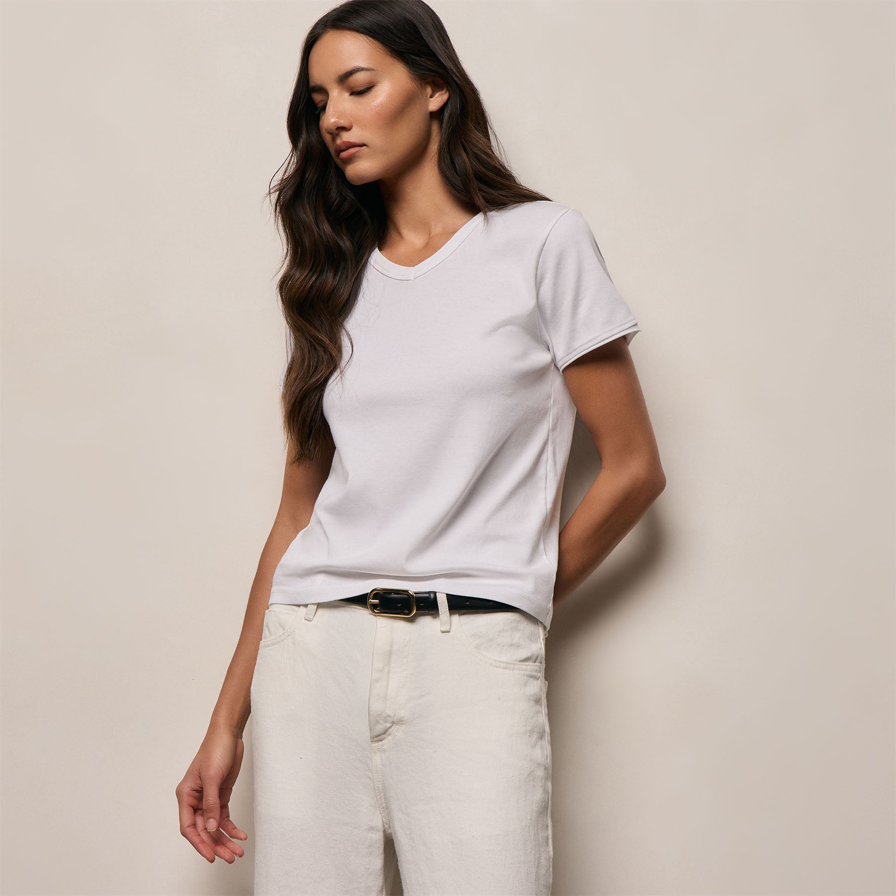 Compact Cotton Baby V Tee - White
