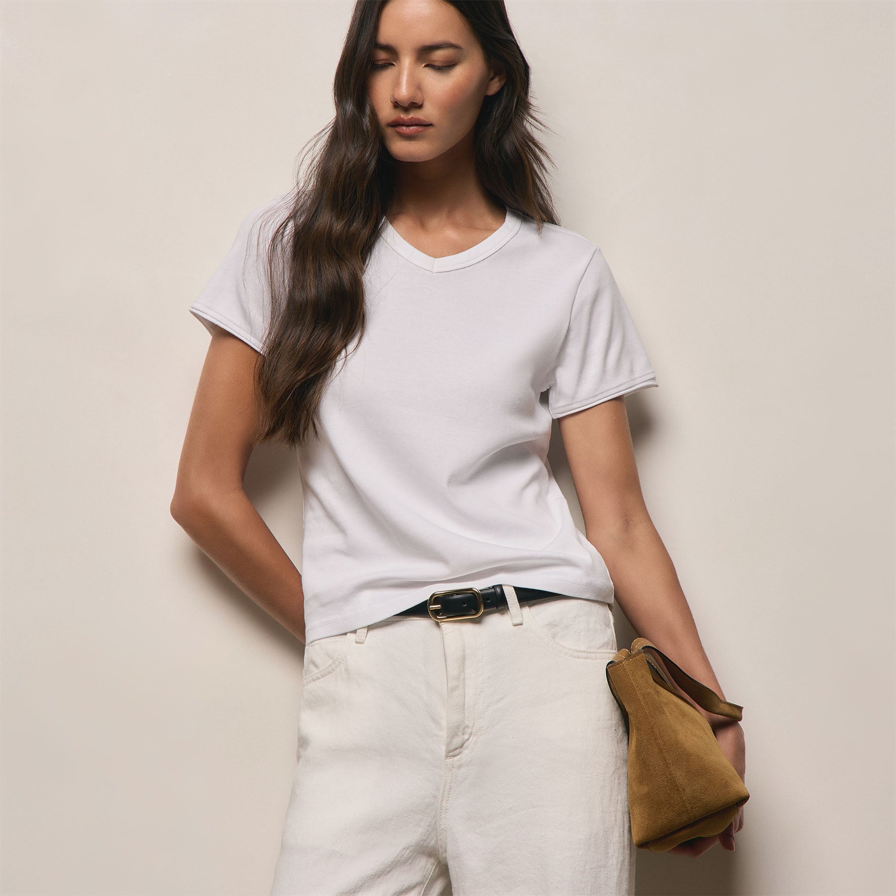 Compact Cotton Baby V Tee - White