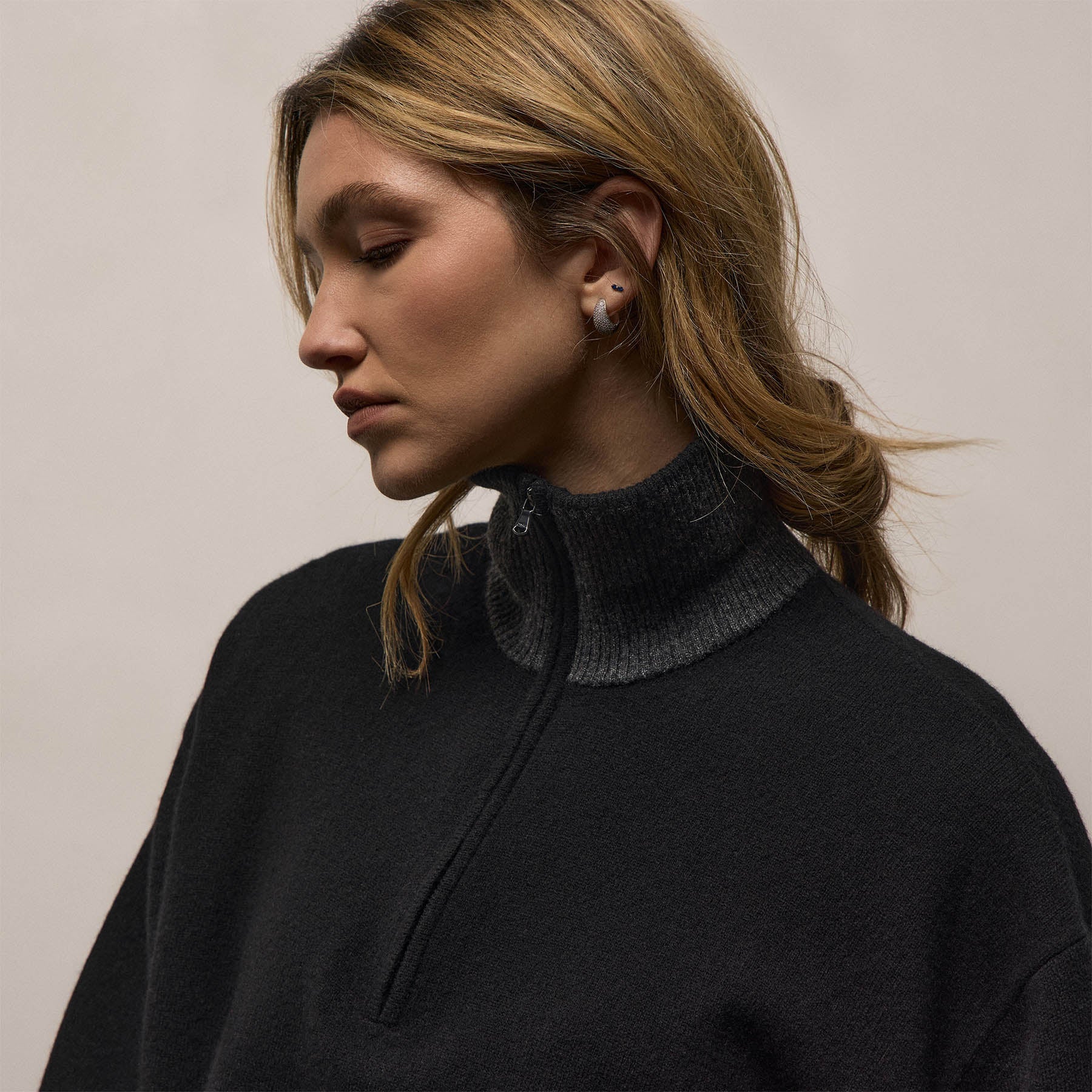 Italian Spun Cashmere Half Zip - Black/Anthracite