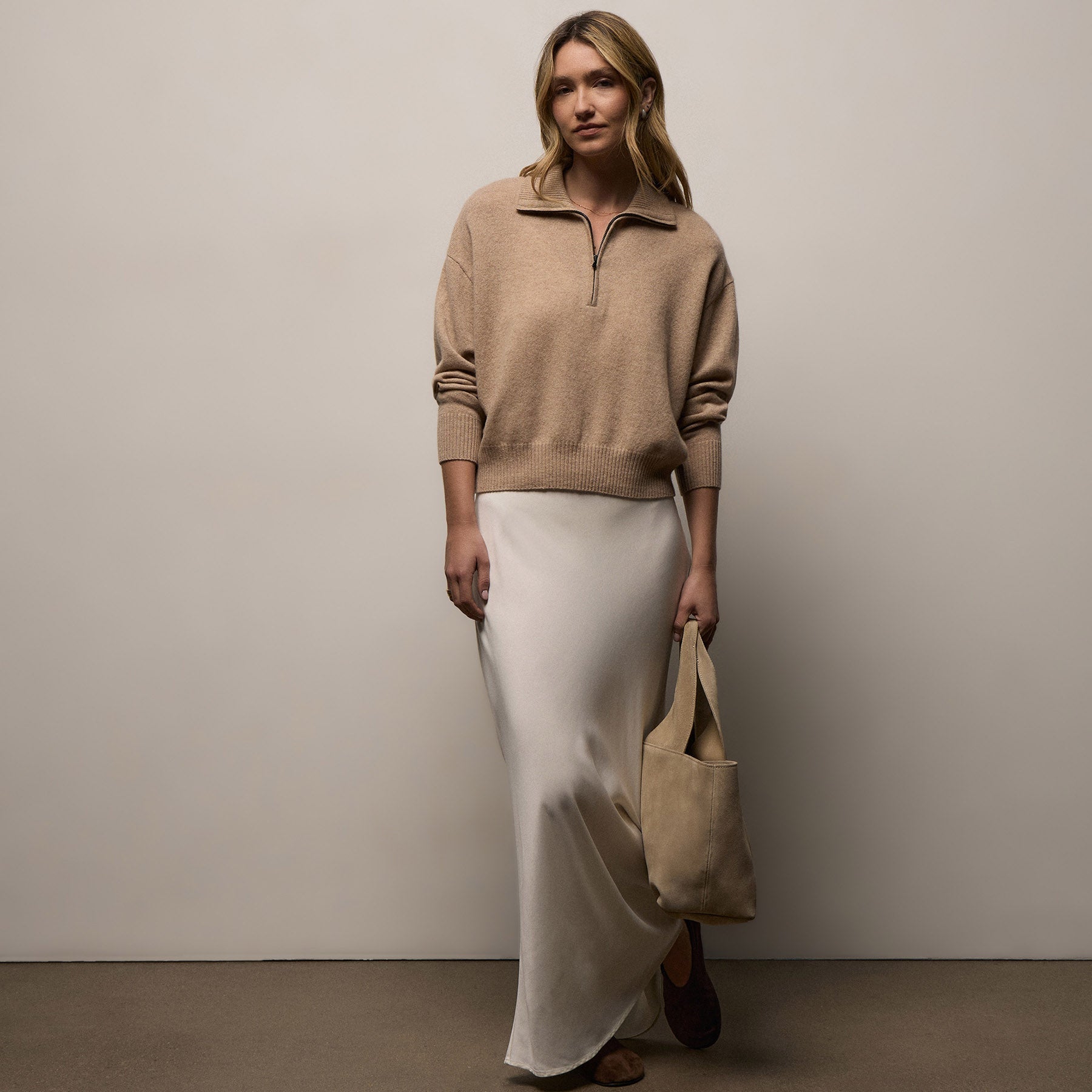 Italian Spun Cashmere Half Zip - Soft Beige/Stucco