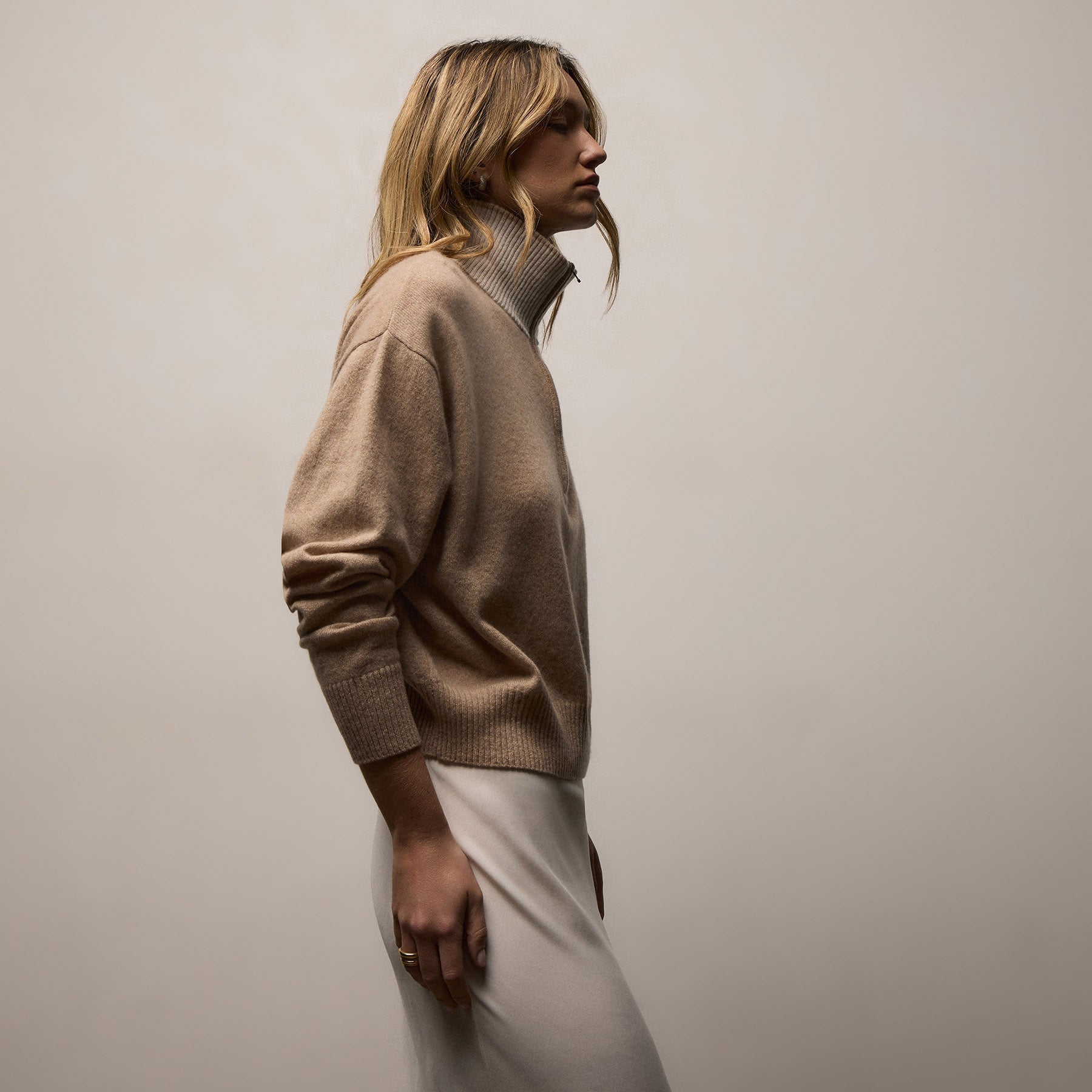 Italian Spun Cashmere Half Zip - Soft Beige/Stucco