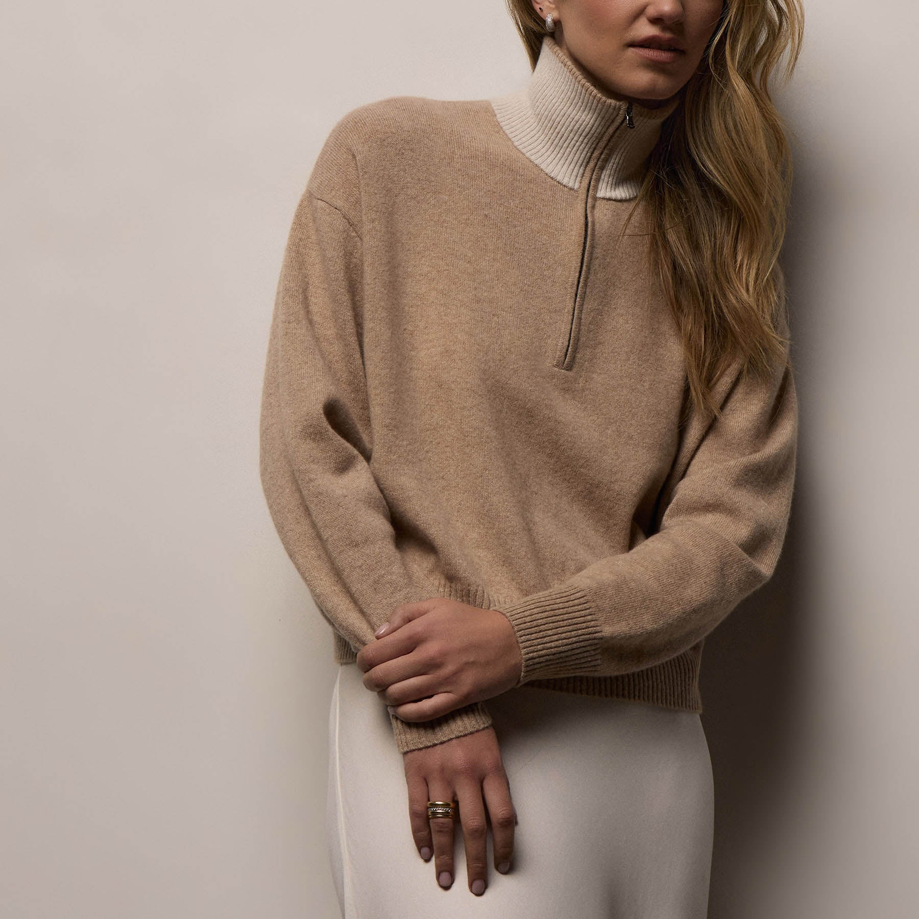 Italian Spun Cashmere Half Zip - Soft Beige/Stucco