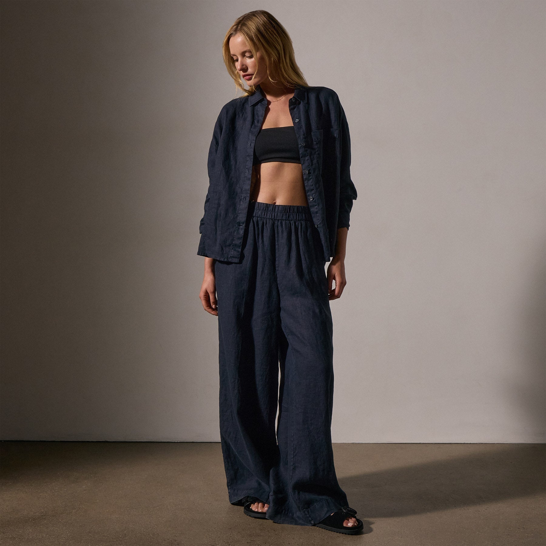 Lightweight Linen Wide Leg Pant - Classic Navy