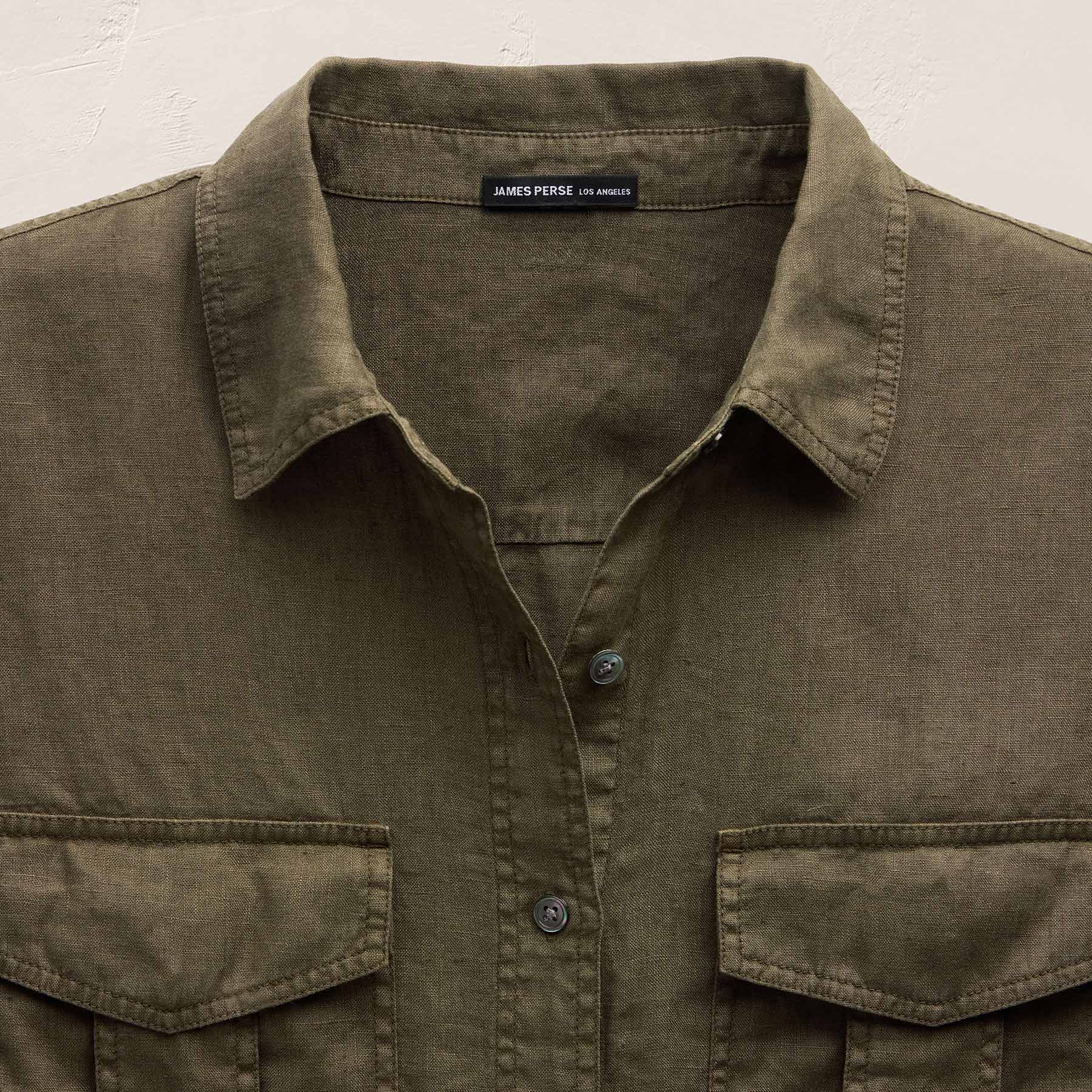 Linen Short Sleeve Utility Shirt - Army Green Pigment