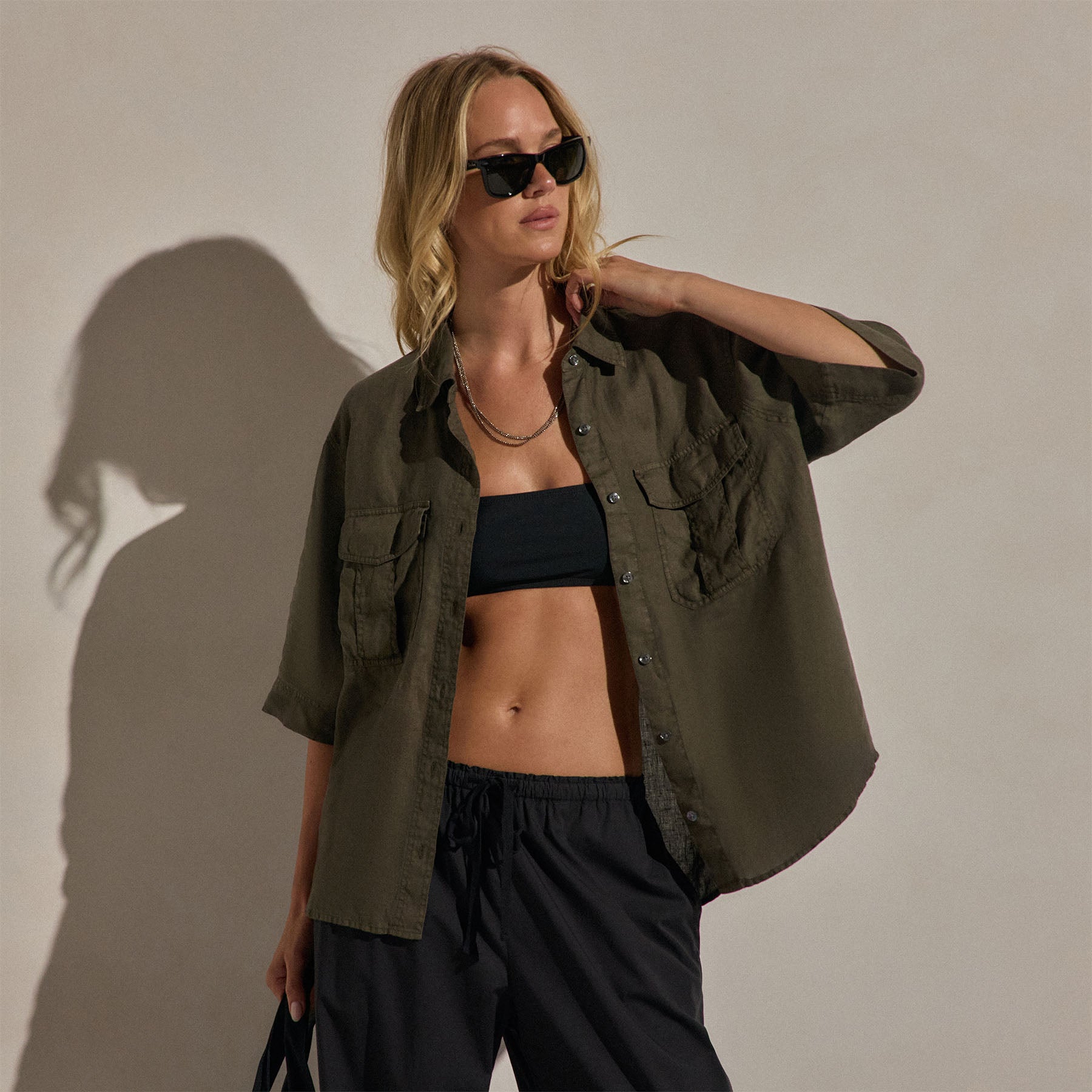 Linen Short Sleeve Utility Shirt - Army Green Pigment