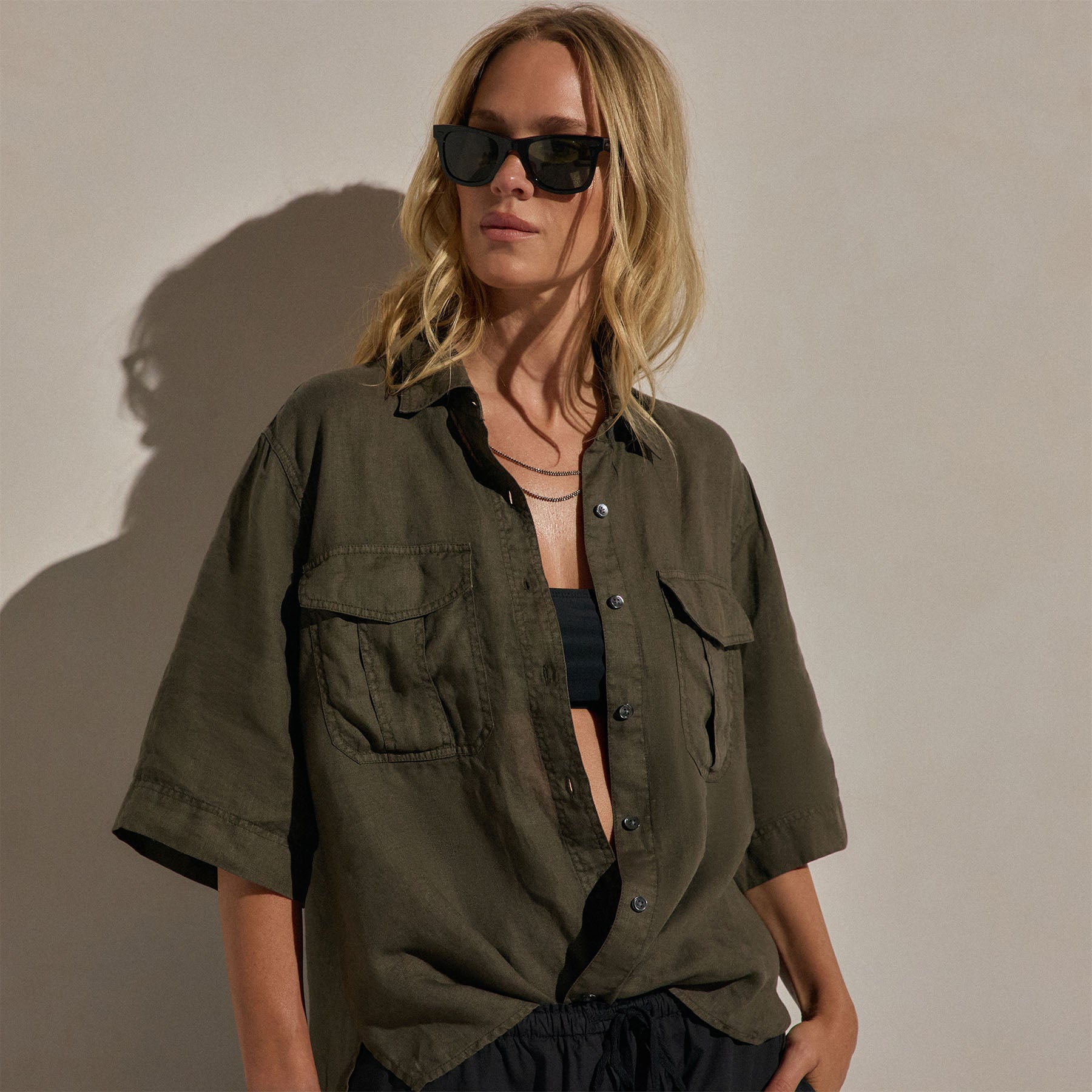 Linen Short Sleeve Utility Shirt - Army Green Pigment