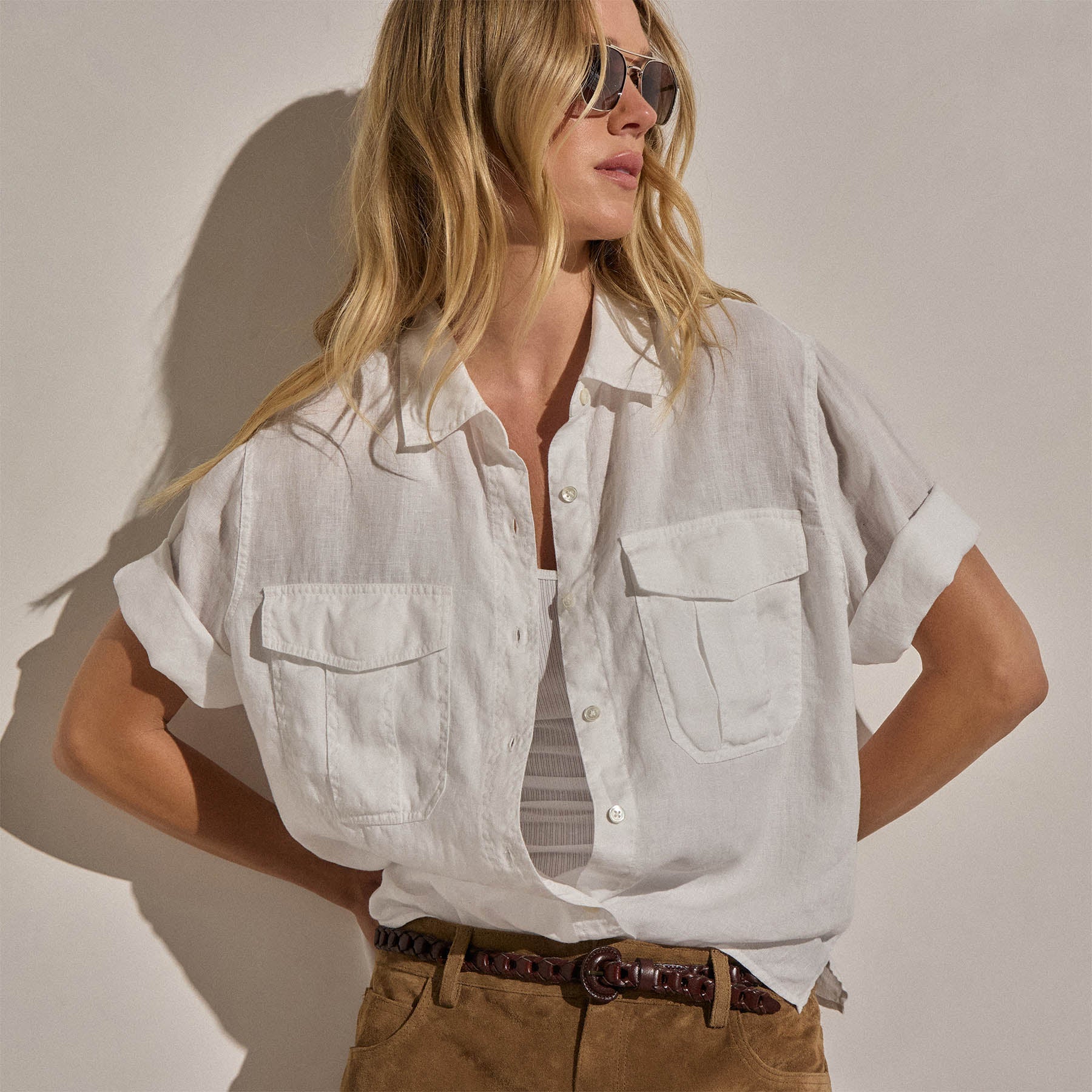 Linen Short Sleeve Utility Shirt - White