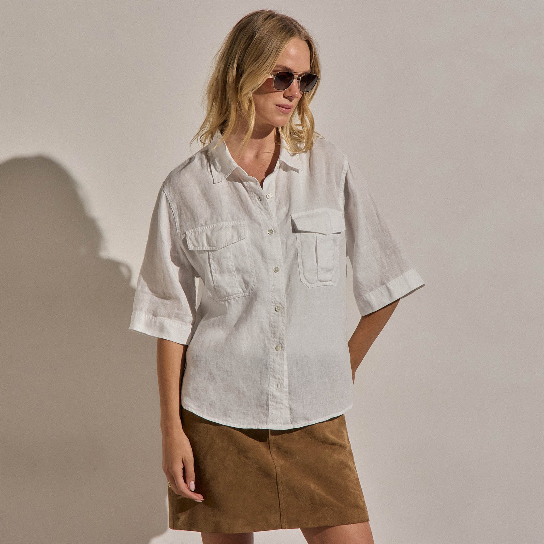 Linen Short Sleeve Utility Shirt - White