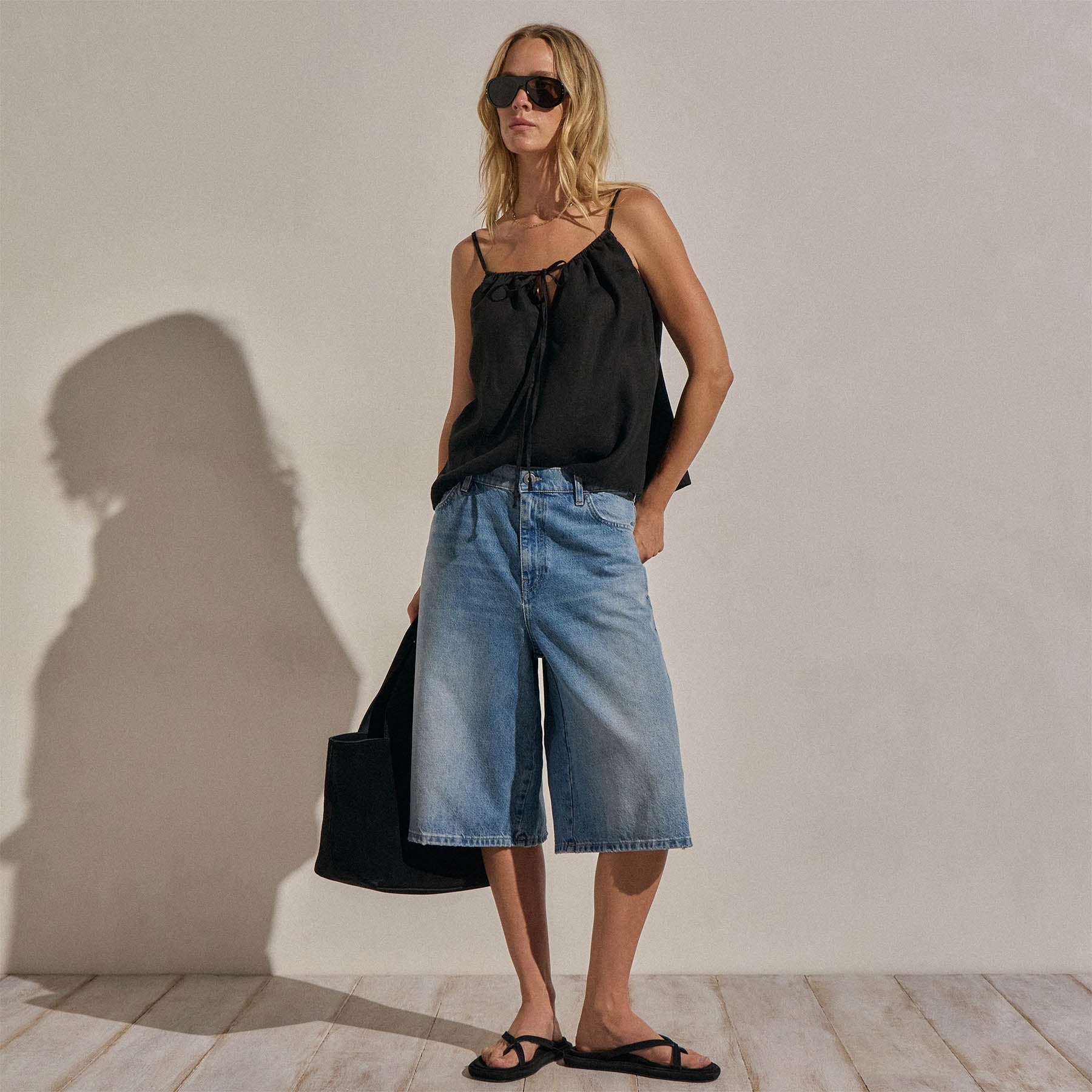 Linen Strappy Tie Cami - Black