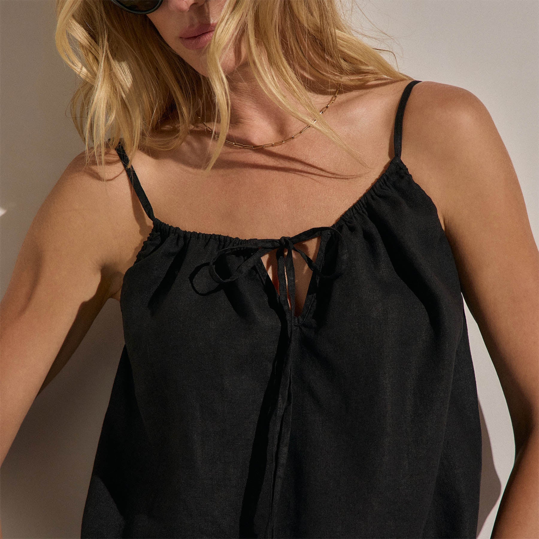 Linen Strappy Tie Cami - Black
