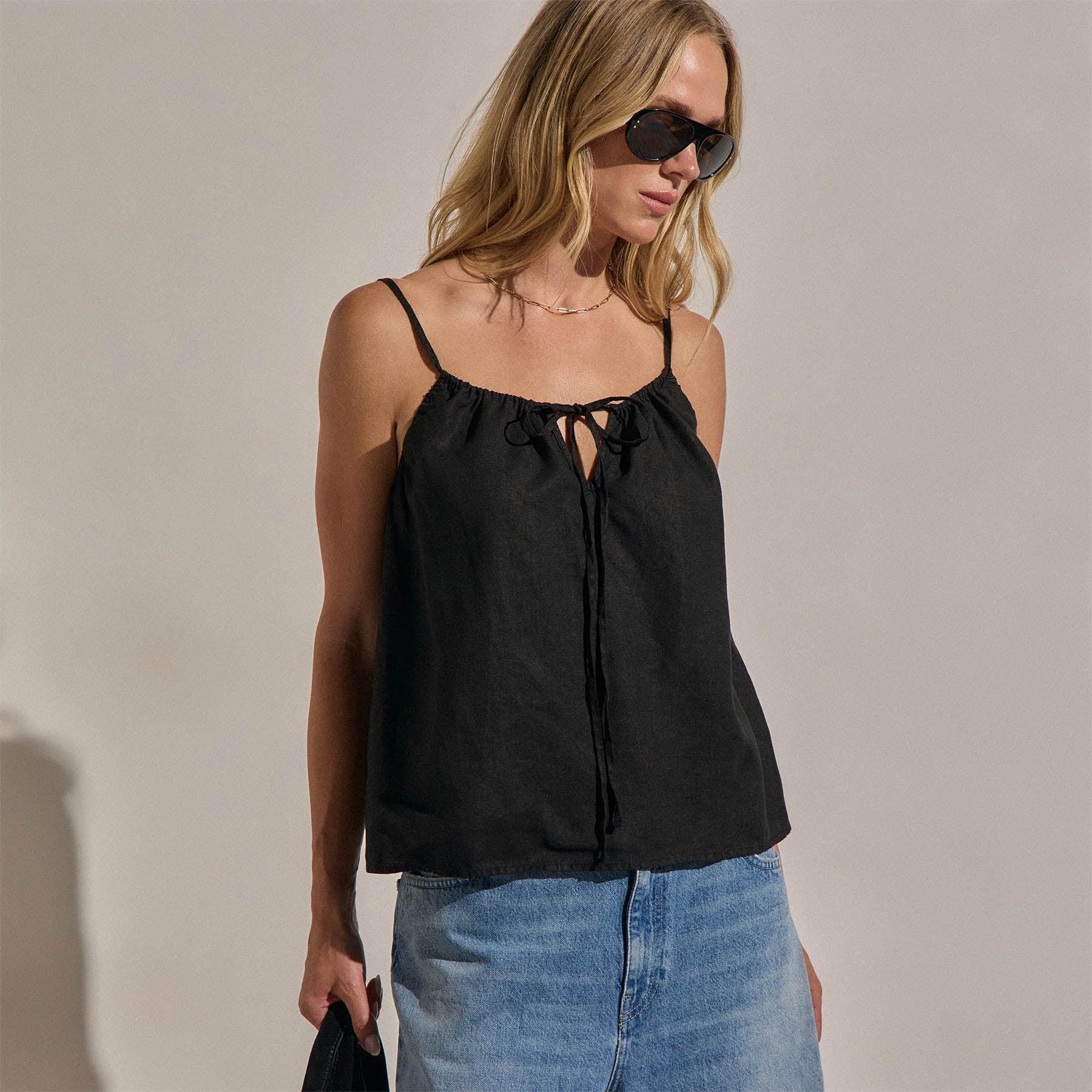 Linen Strappy Tie Cami - Black