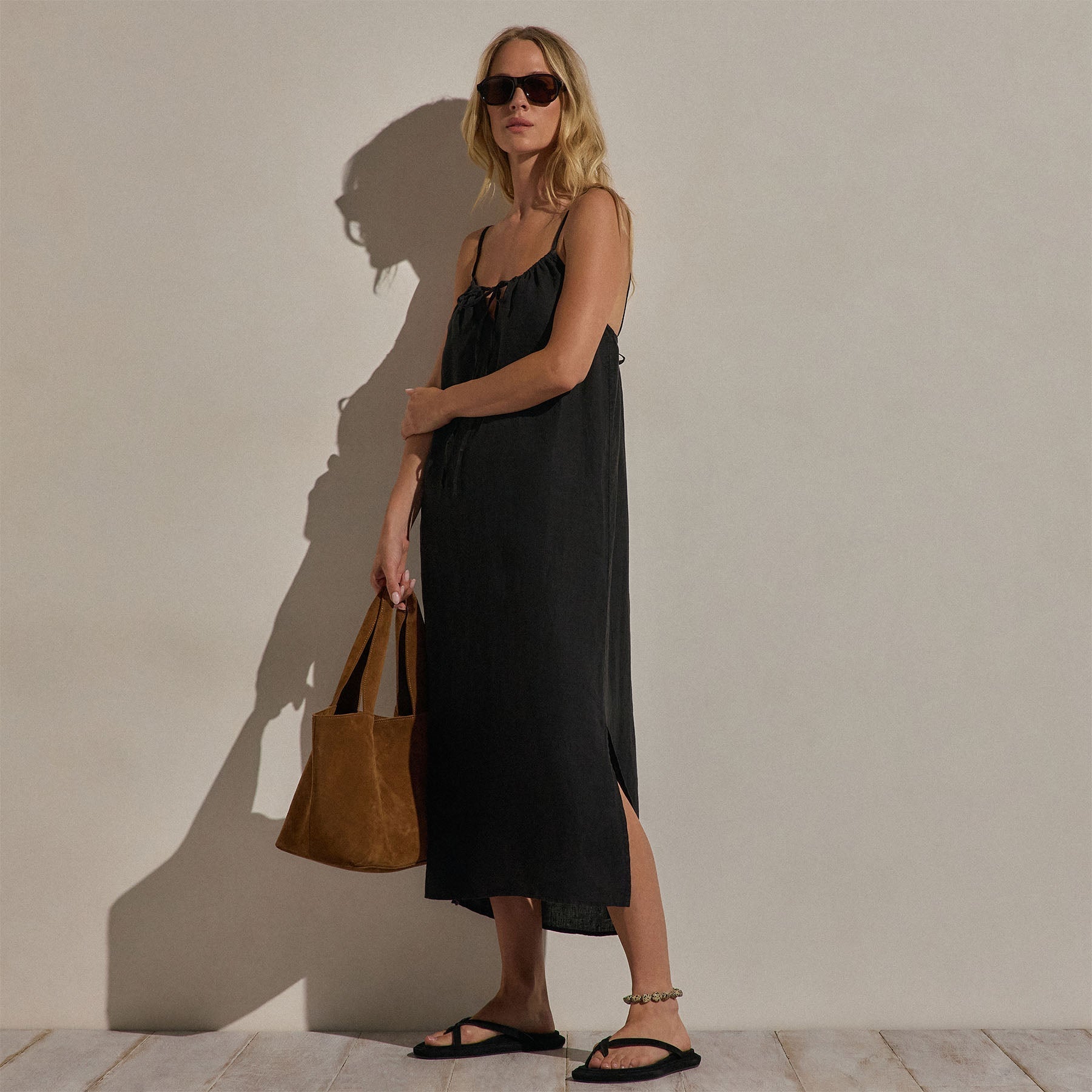 Lightweight Linen Strappy Cami Dress - Black