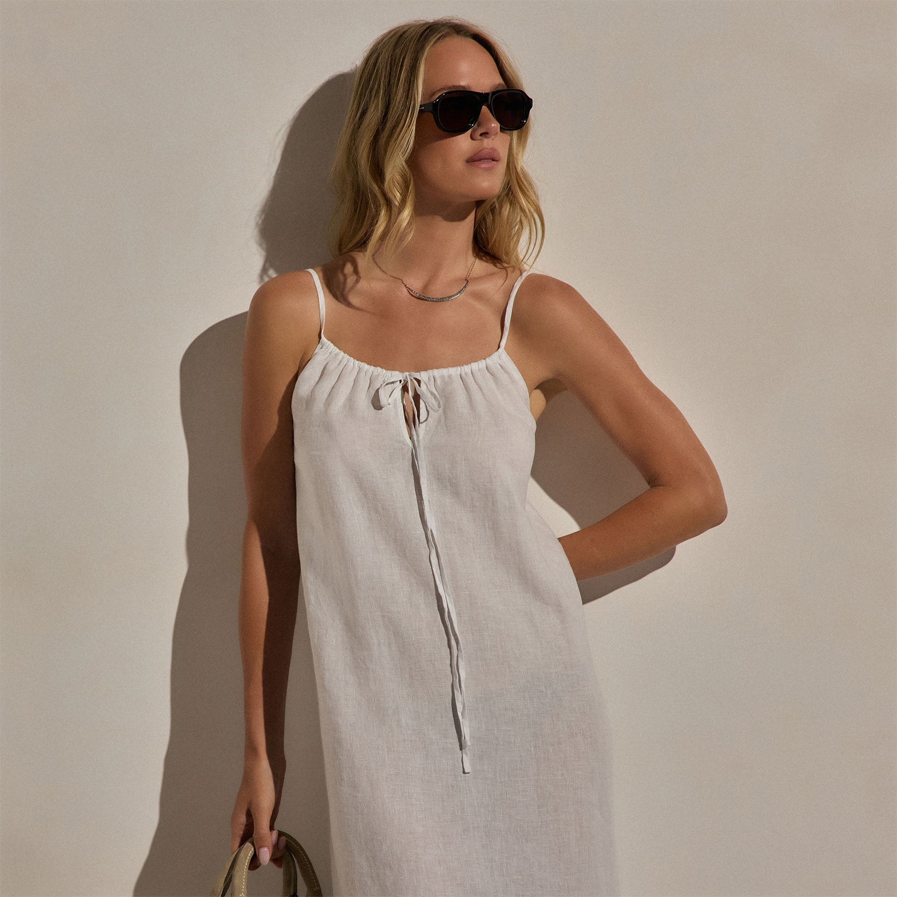 Lightweight Linen Strappy Cami Dress - White