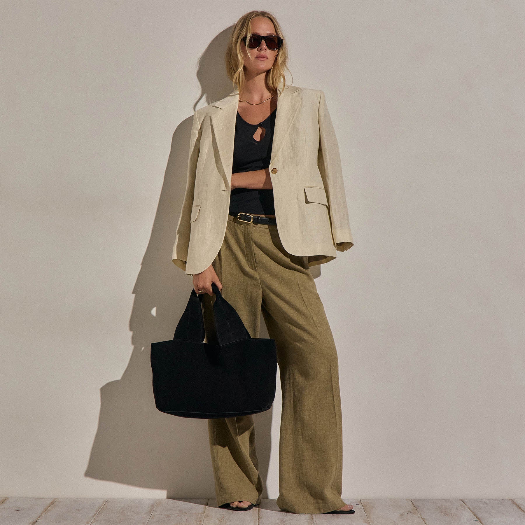 Linen Twill Pleated Wide Leg Trouser - Fleck Green