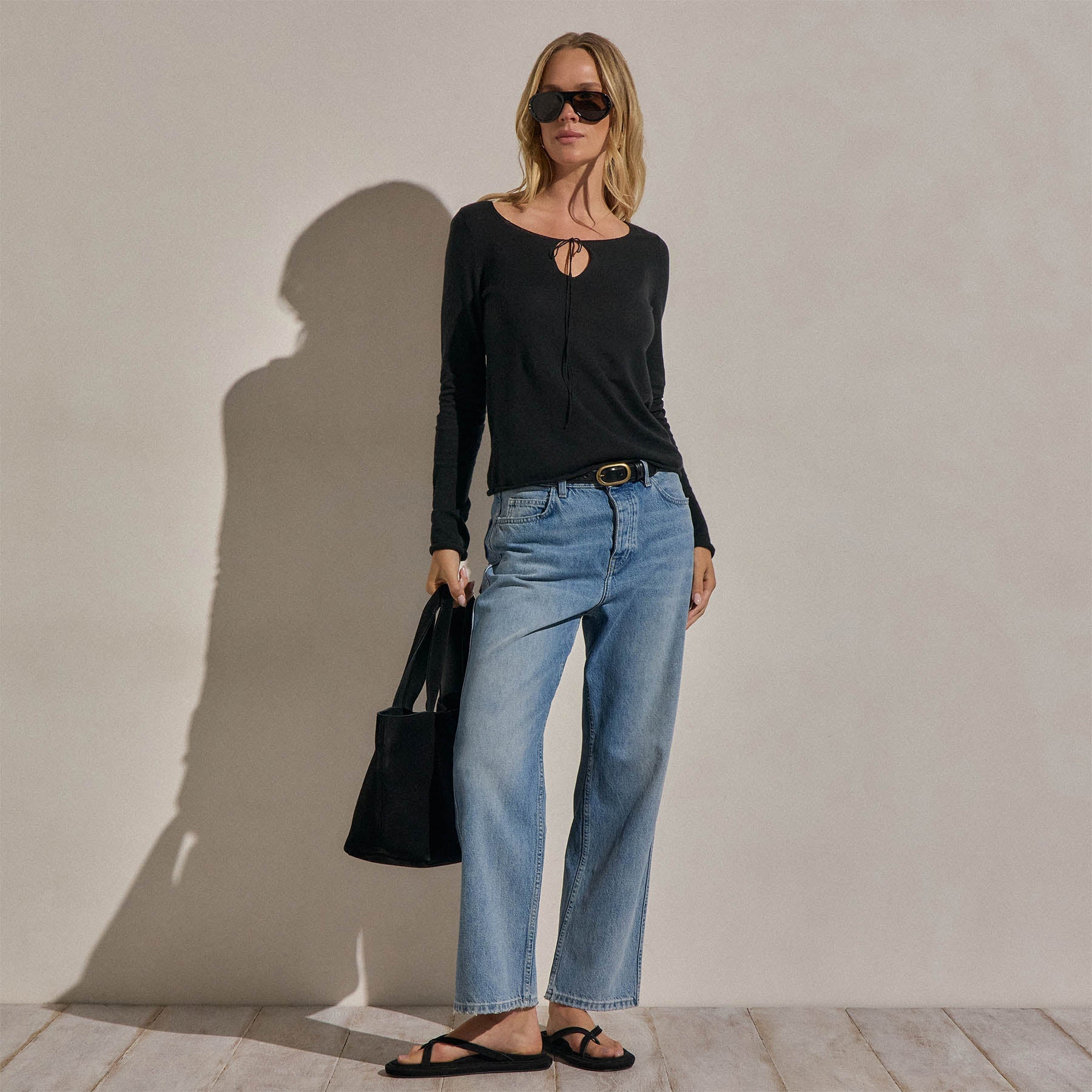 Linen Cotton Keyhole Sweater - Black