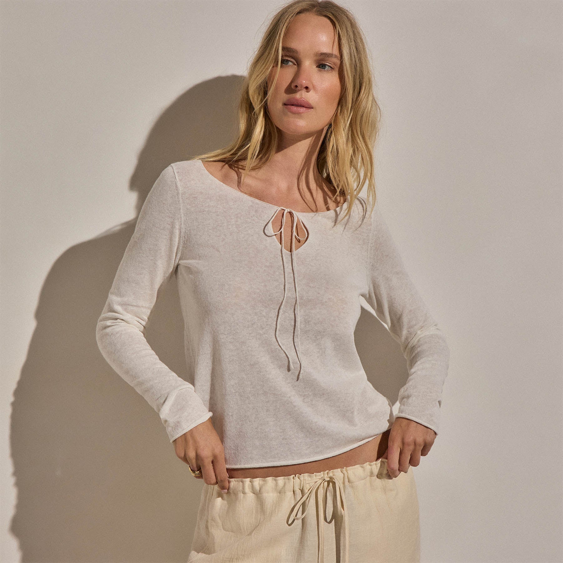 Linen Cotton Keyhole Sweater - Off White
