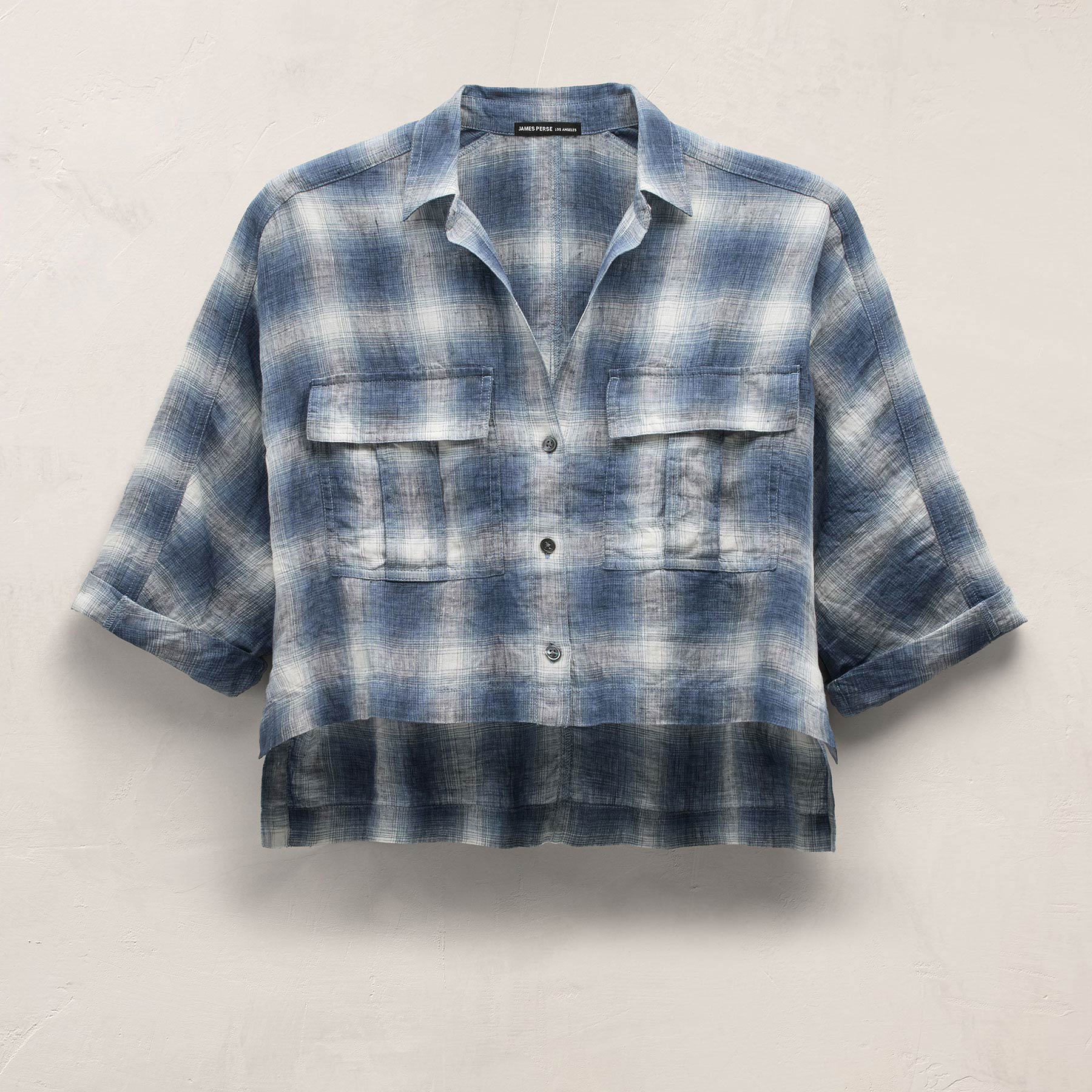Plaid Linen Crop Shirt - Blue Plaid