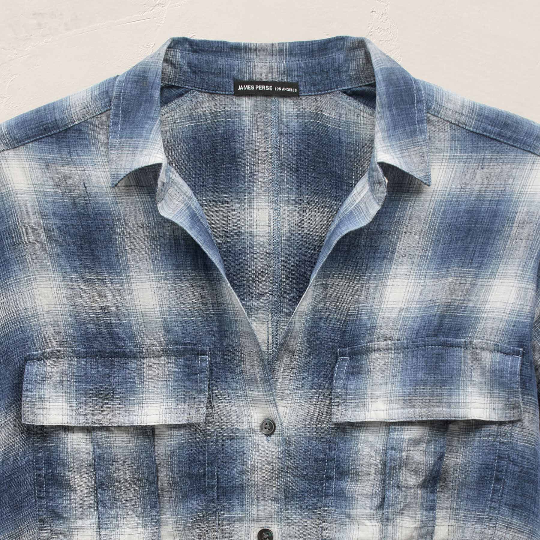 Plaid Linen Crop Shirt - Blue Plaid