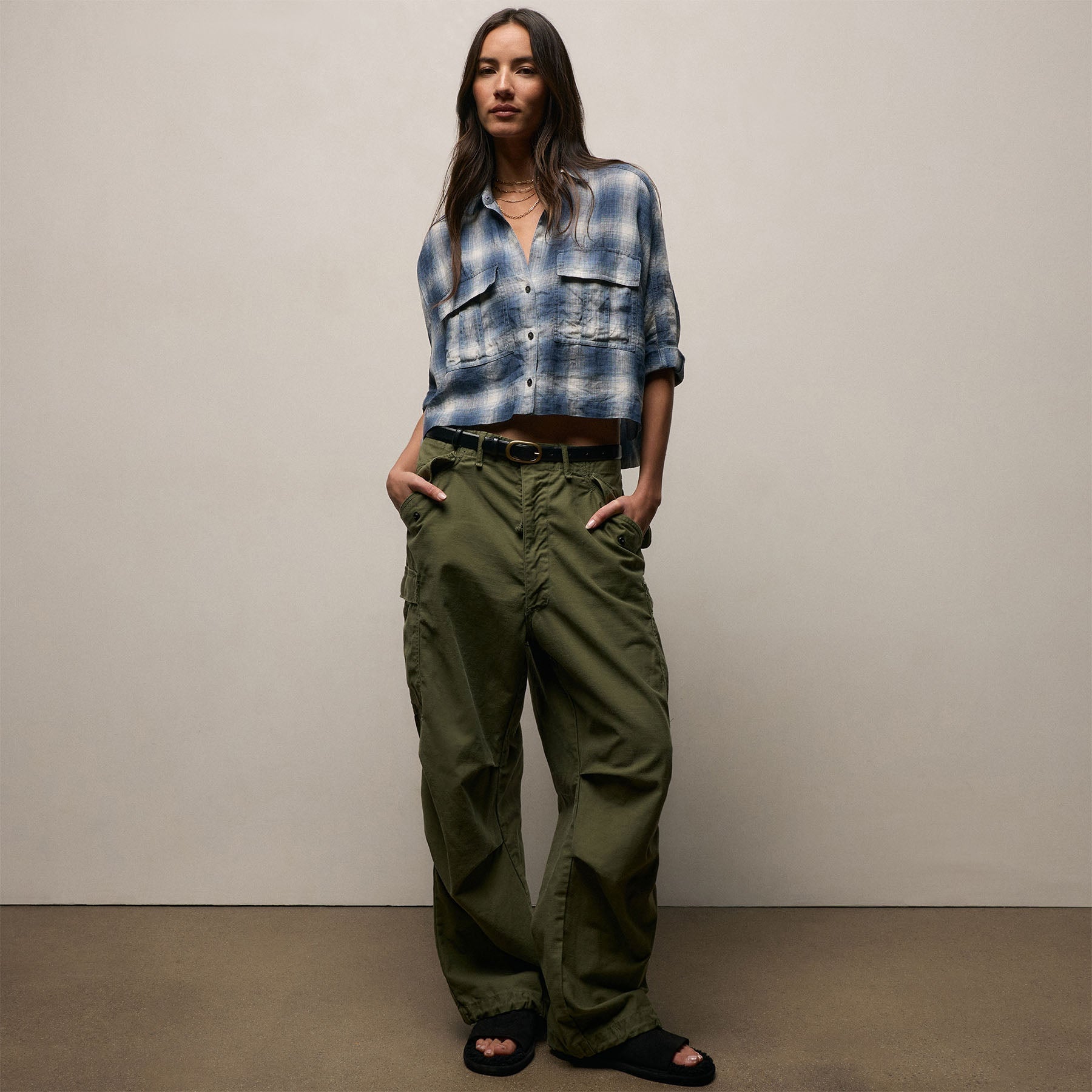 Plaid Linen Crop Shirt - Blue Plaid