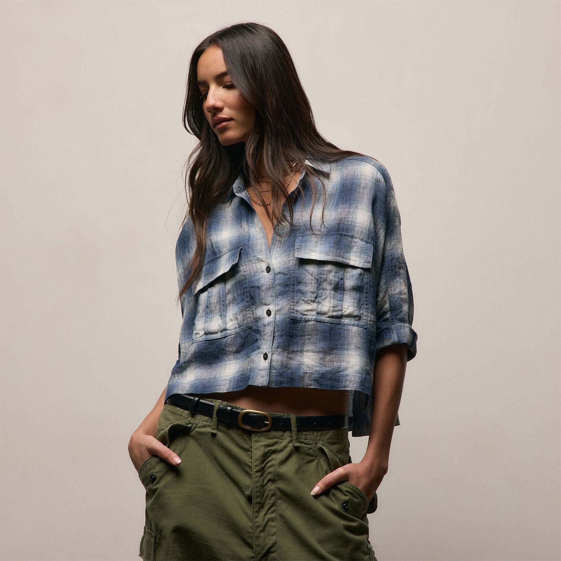 Plaid Linen Crop Shirt - Blue Plaid