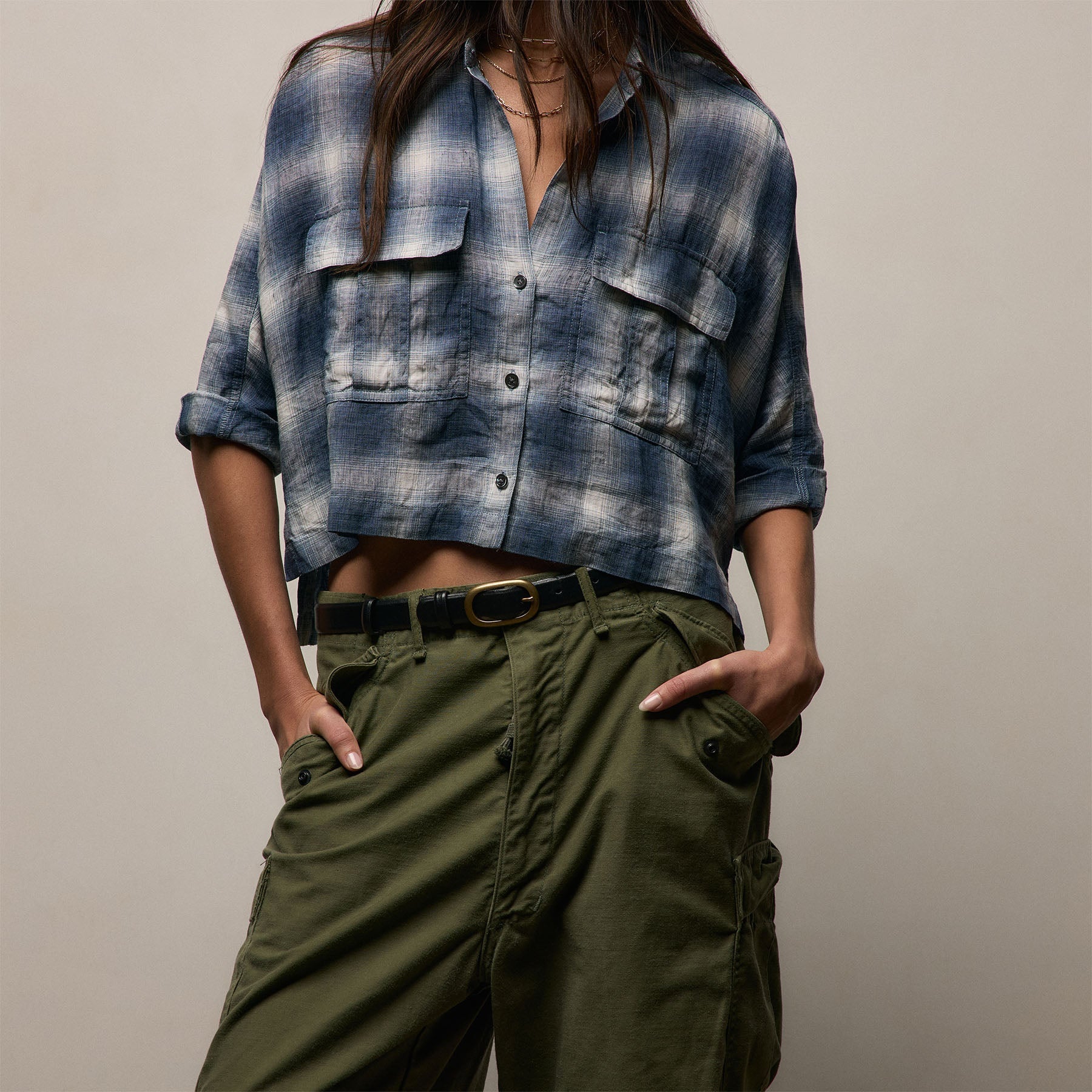 Plaid Linen Crop Shirt - Blue Plaid