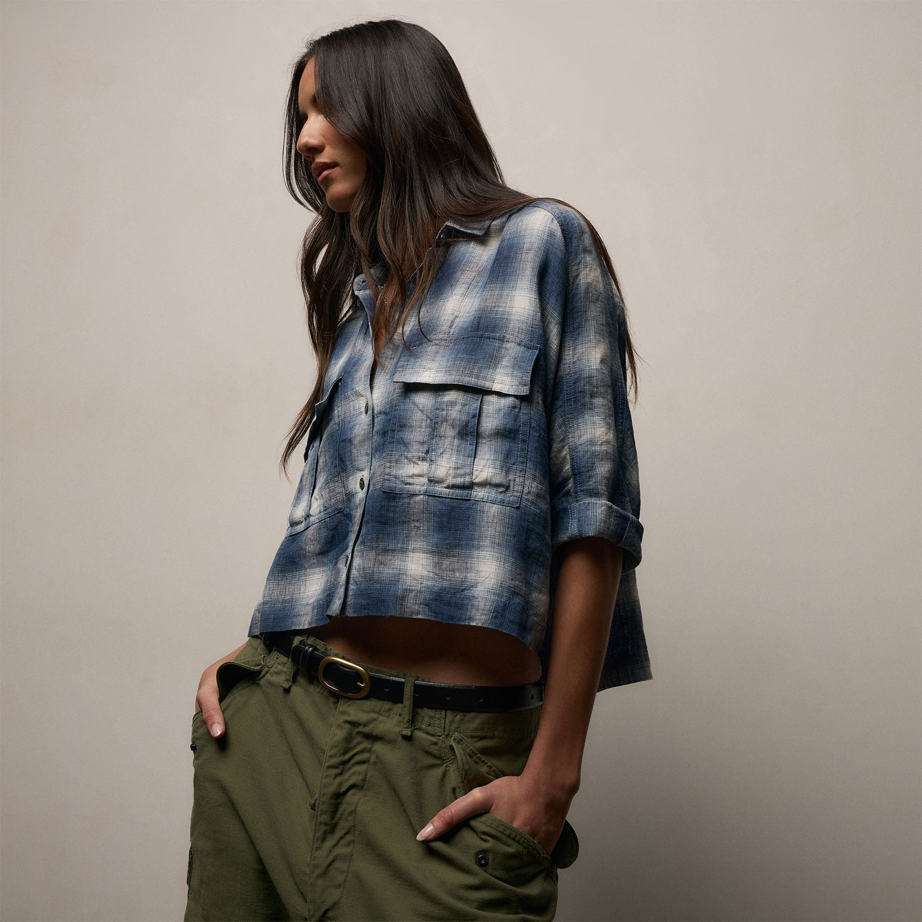 Plaid Linen Crop Shirt - Blue Plaid